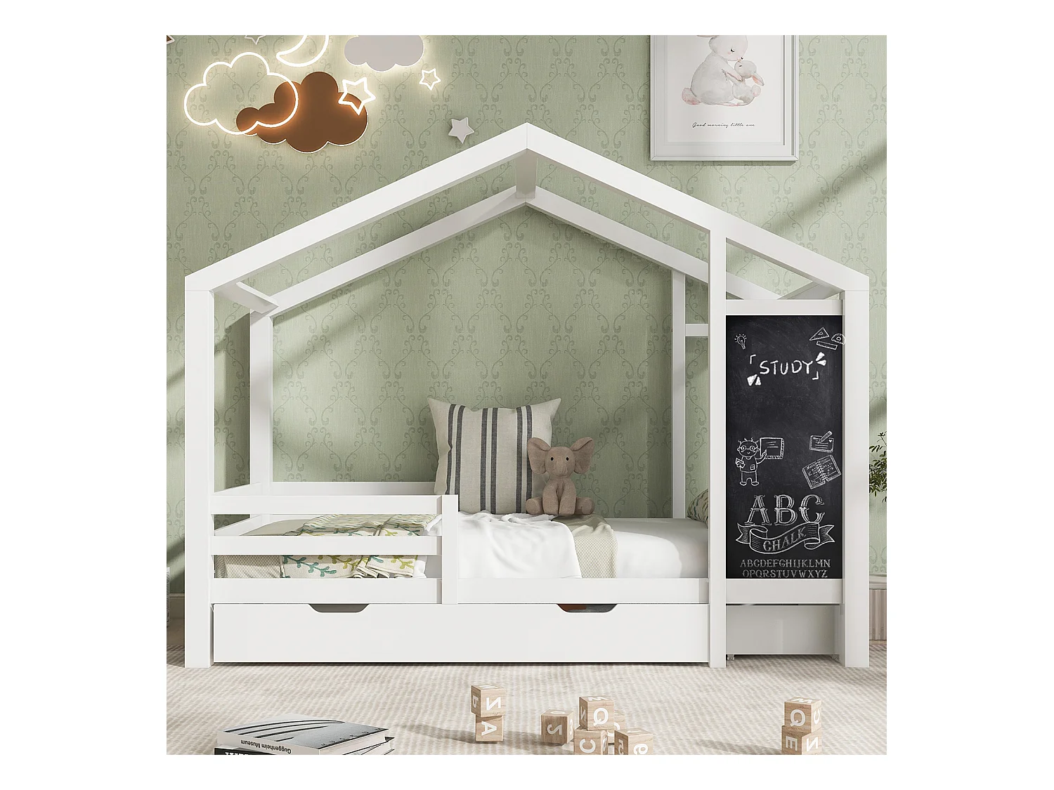 Lit gigogne cabane 2 x 90 x 200 cm - 2 tiroirs - Pin - Blanc - Sweiko