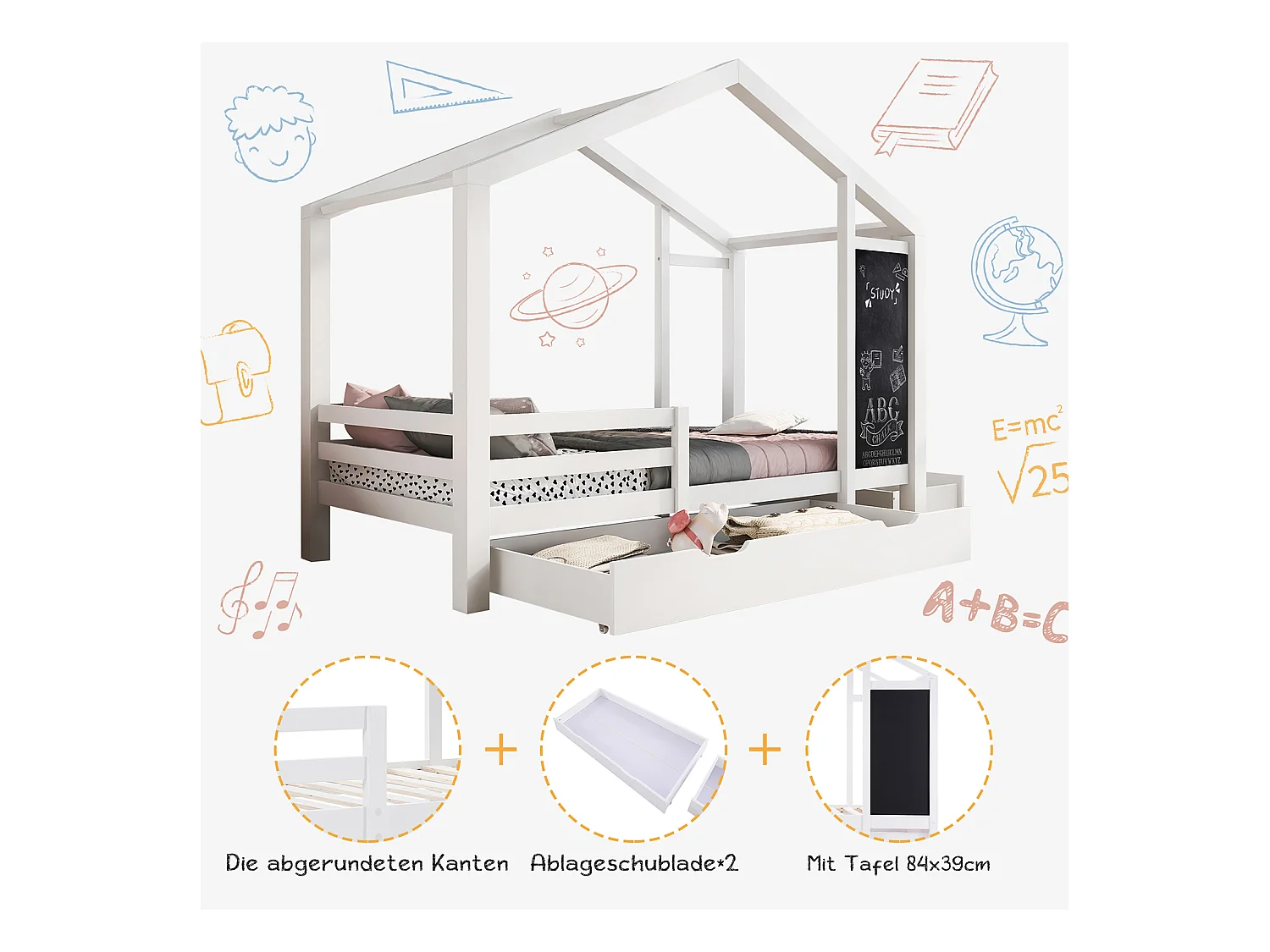 Lit gigogne cabane 2 x 90 x 200 cm - 2 tiroirs - Pin - Blanc - Sweiko