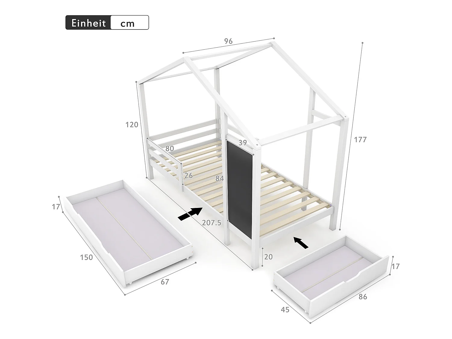 Lit gigogne cabane 2 x 90 x 200 cm - 2 tiroirs - Pin - Blanc - Sweiko