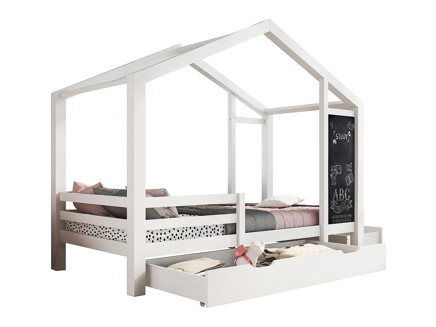Lit gigogne cabane 2 x 90 x 200 cm - 2 tiroirs - Pin - Blanc - Sweiko