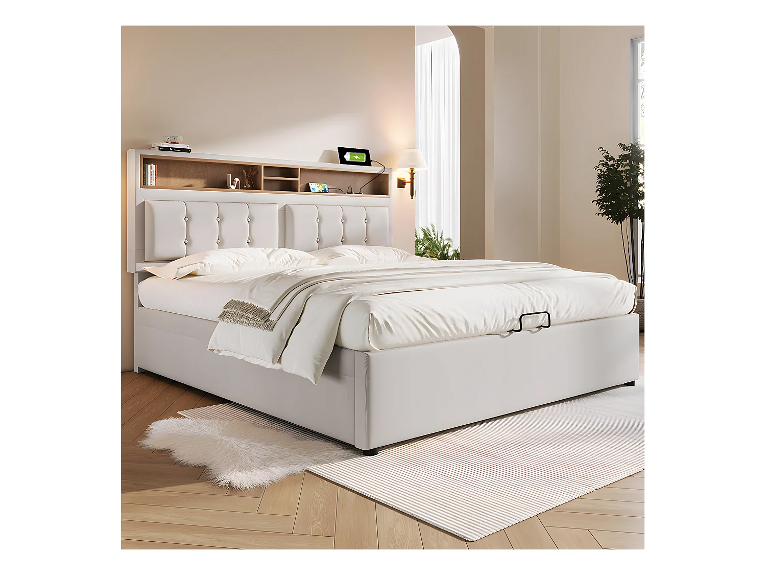 Lit avec chevets - 160 x 200 cm - avec Prise USB - Beige - Sweiko