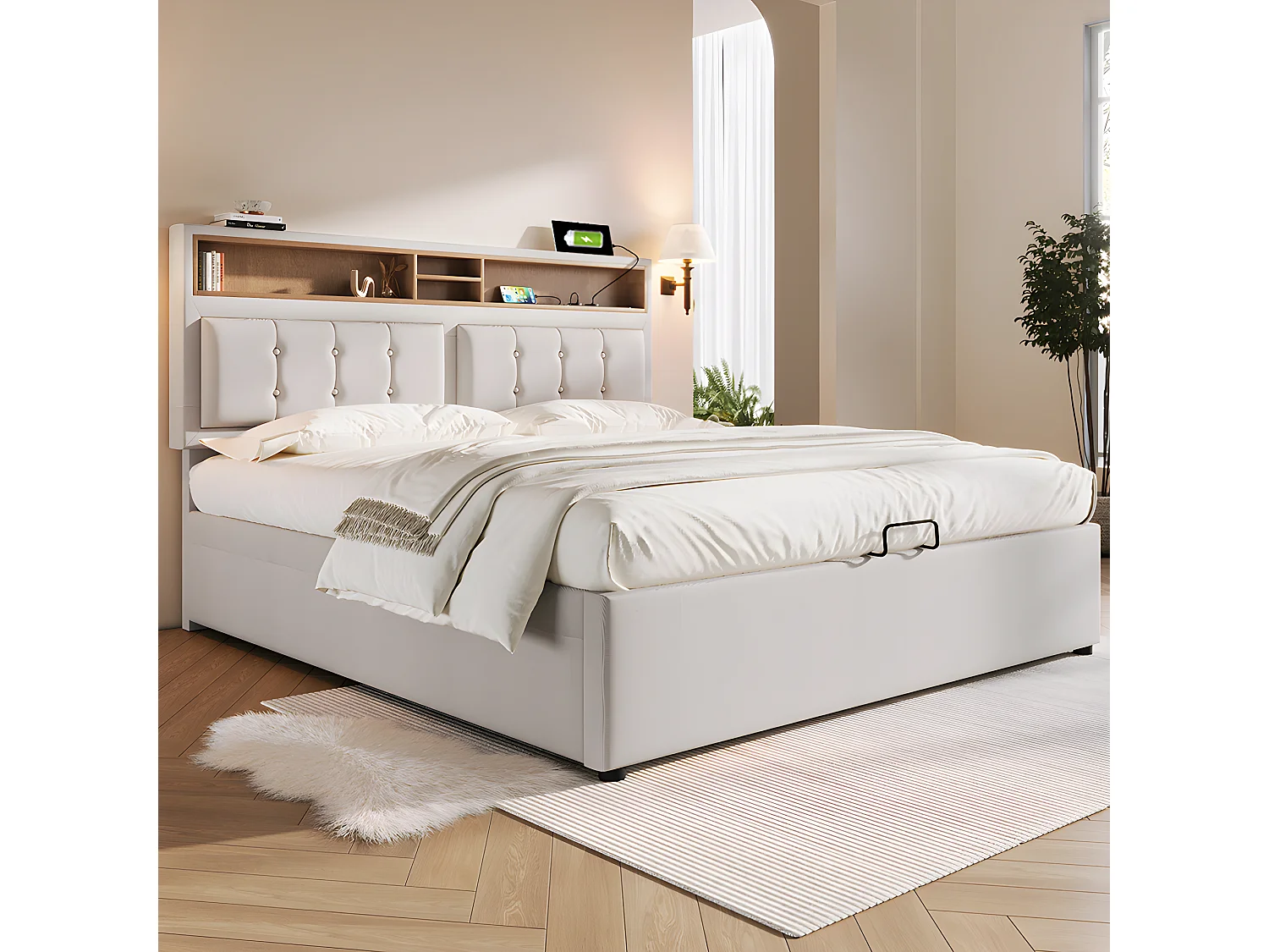 Lit avec chevets - 160 x 200 cm - avec Prise USB - Beige - Sweiko