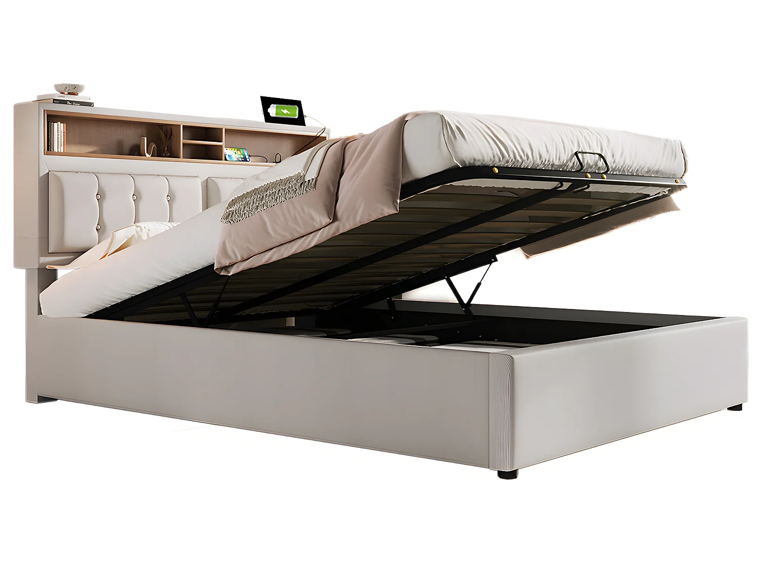 Lit avec chevets - 160 x 200 cm - avec Prise USB - Beige - Sweiko