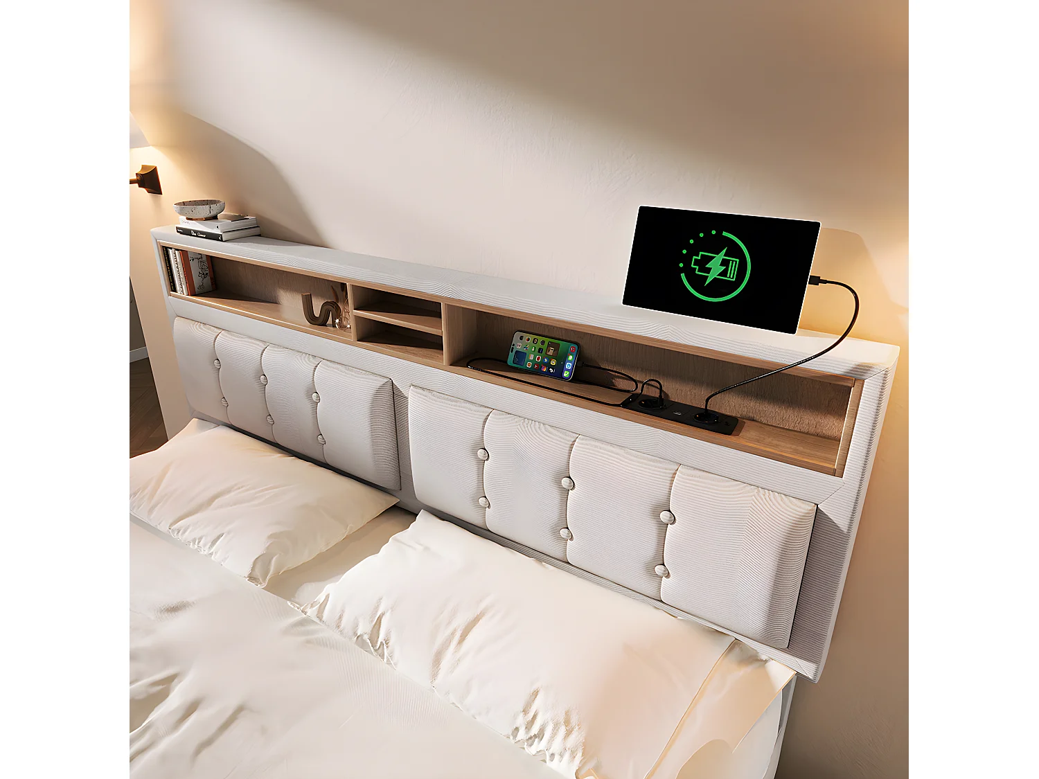 Lit avec chevets - 160 x 200 cm - avec Prise USB - Beige - Sweiko