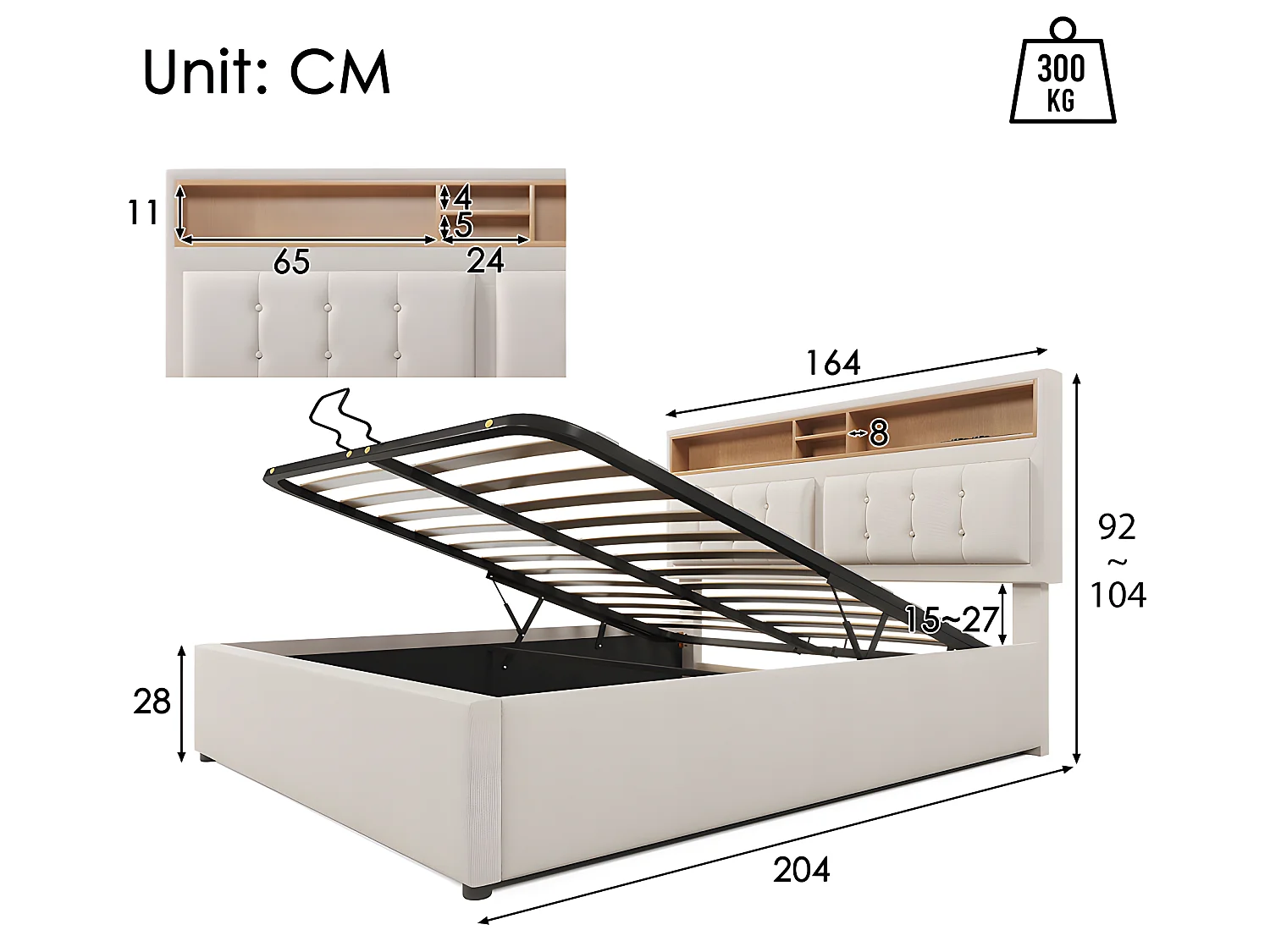 Lit avec chevets - 160 x 200 cm - avec Prise USB - Beige - Sweiko