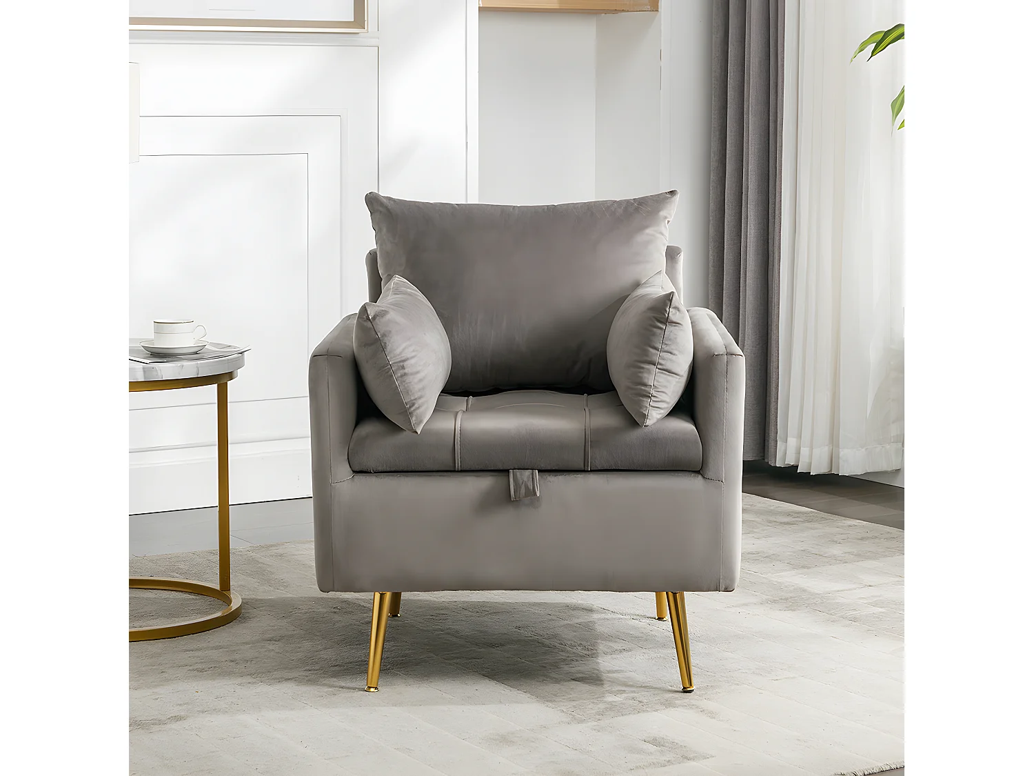 Fauteuil tissu en velours - pieds dorés en métal - avec rangement - gris - Sweiko