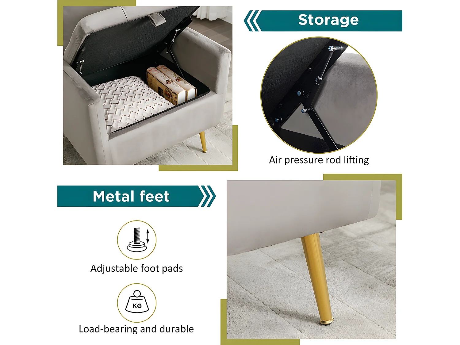 Fauteuil tissu en velours - pieds dorés en métal - avec rangement - gris - Sweiko