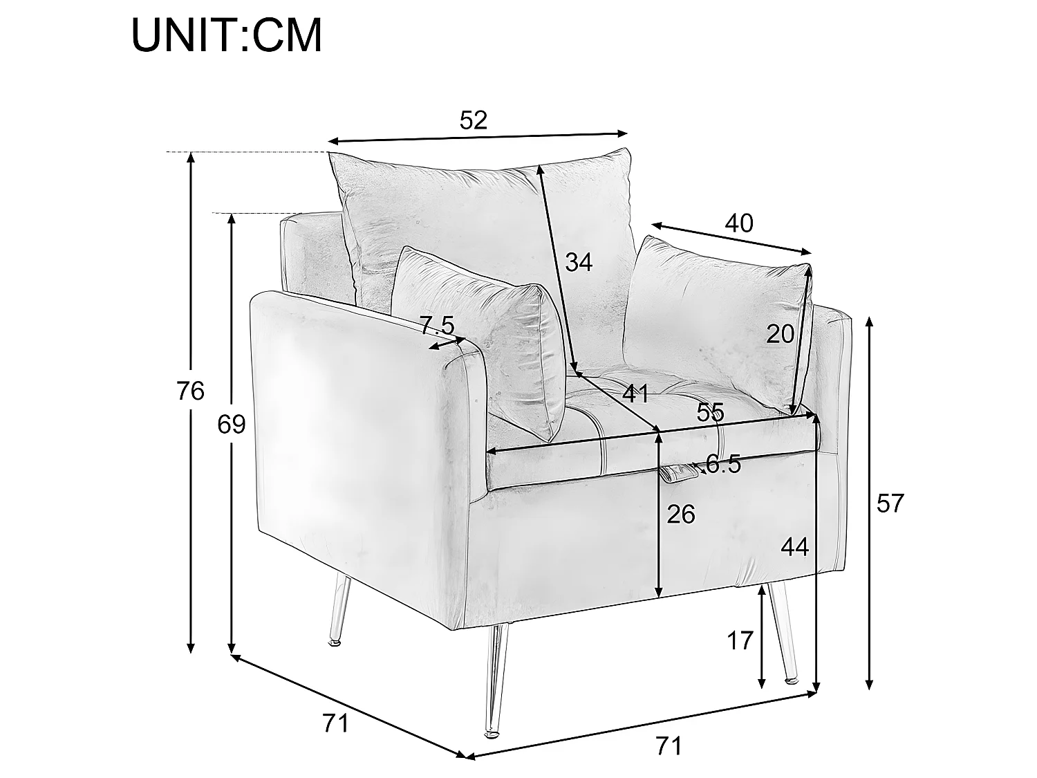 Fauteuil tissu en velours - pieds dorés en métal - avec rangement - gris - Sweiko