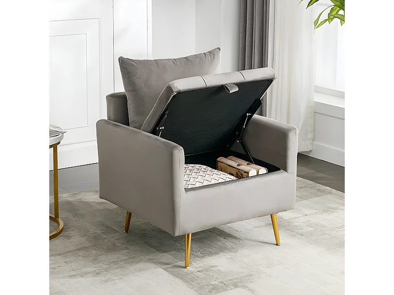 Fauteuil tissu en velours - pieds dorés en métal - avec rangement - gris - Sweiko