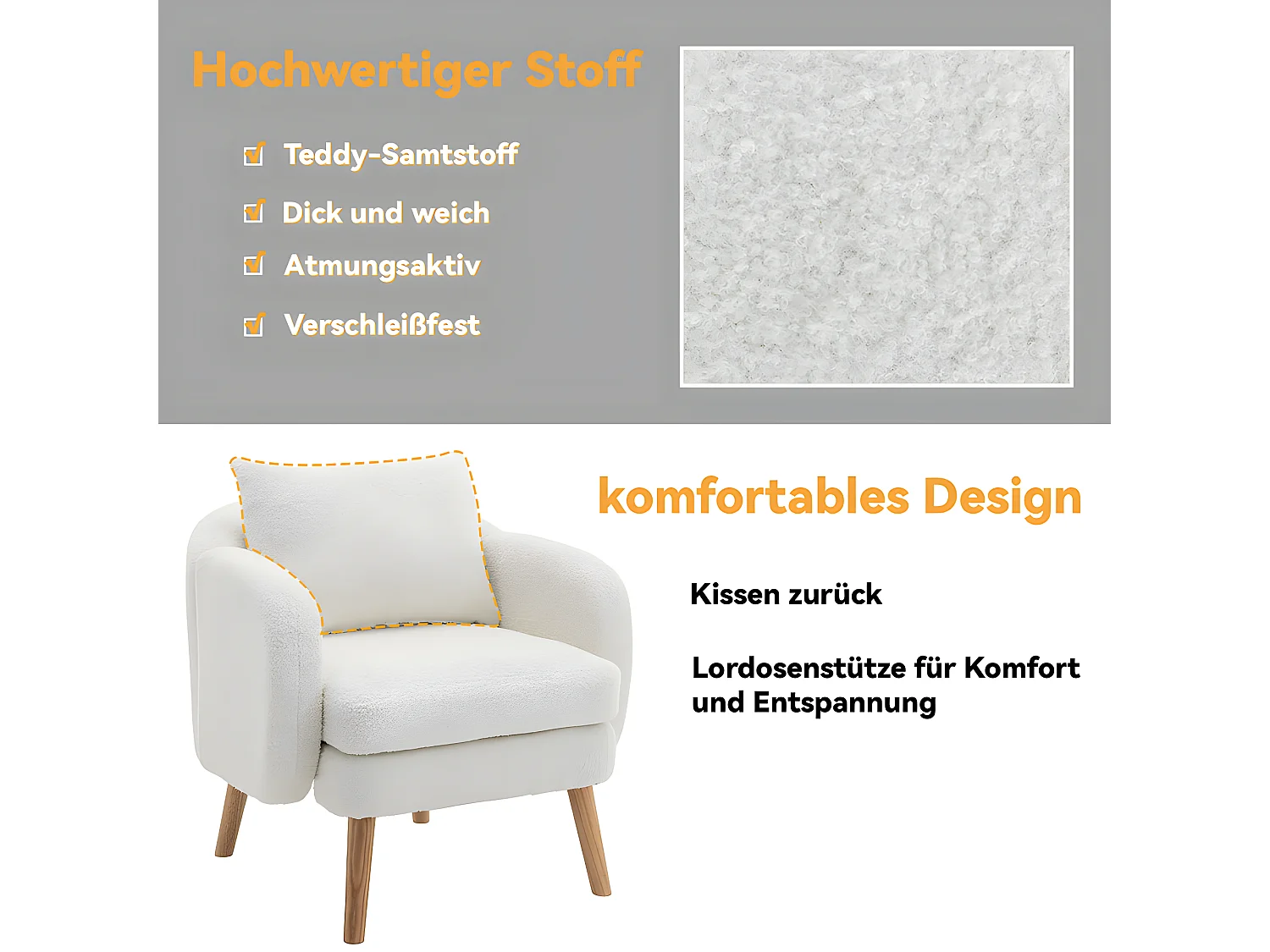 Fauteuil tissu en Teddy - pieds dorés en métal - Blanc - Sweiko