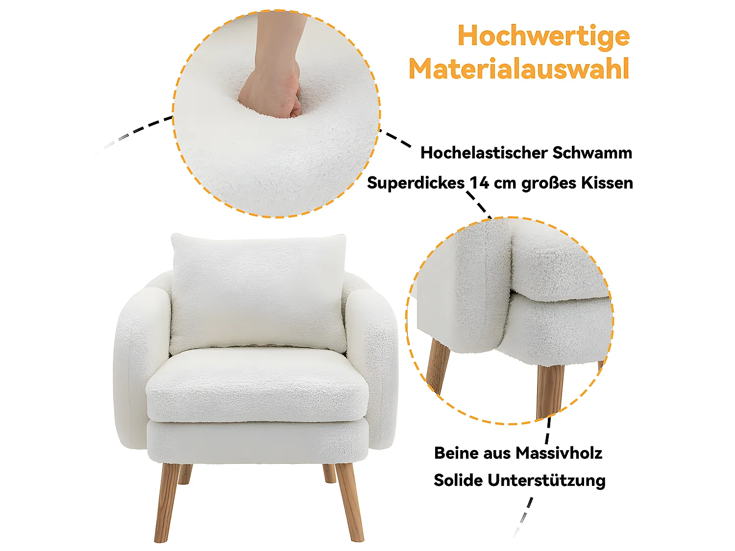 Fauteuil tissu en Teddy - pieds dorés en métal - Blanc - Sweiko