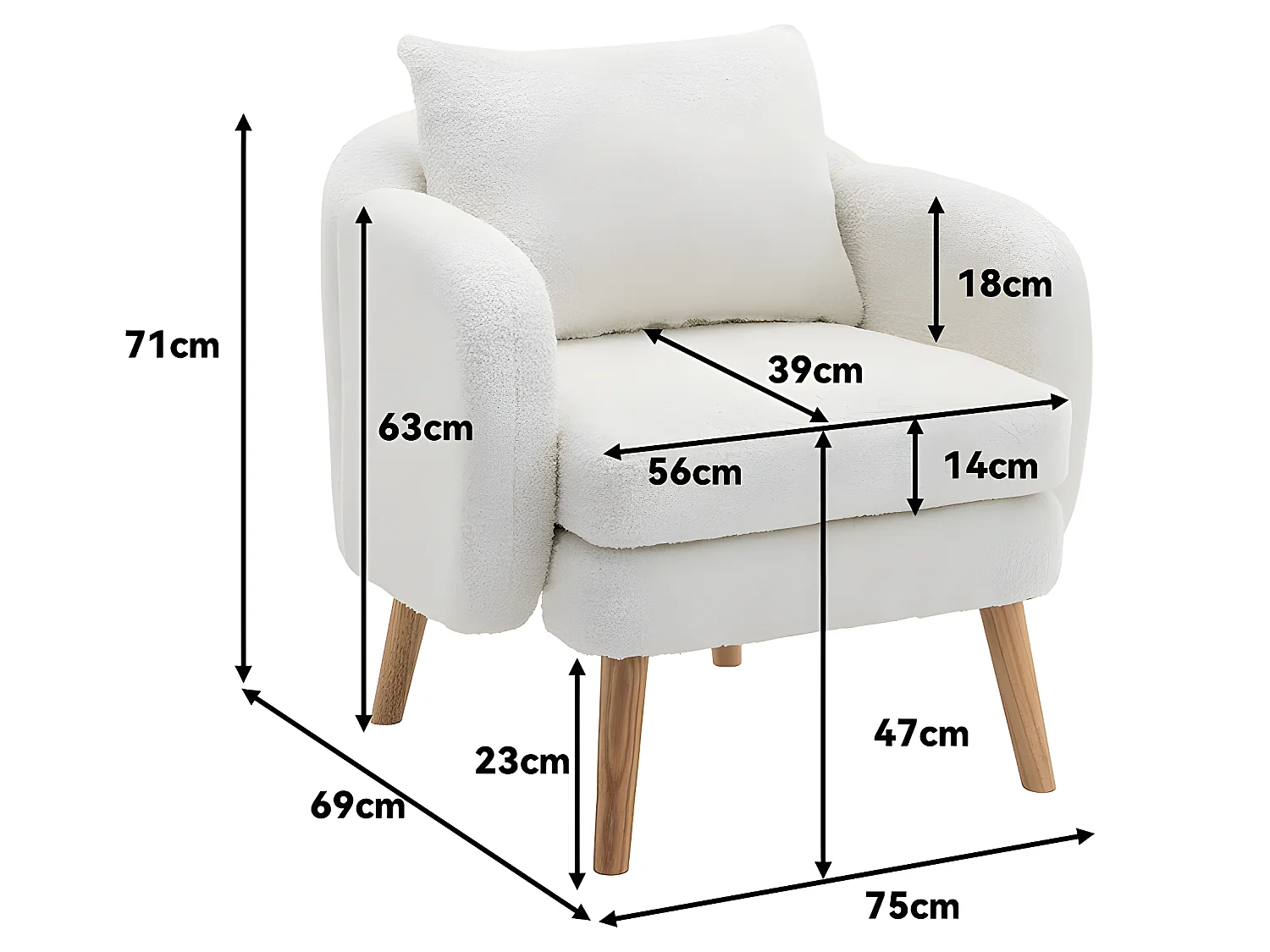 Fauteuil tissu en Teddy - pieds dorés en métal - Blanc - Sweiko