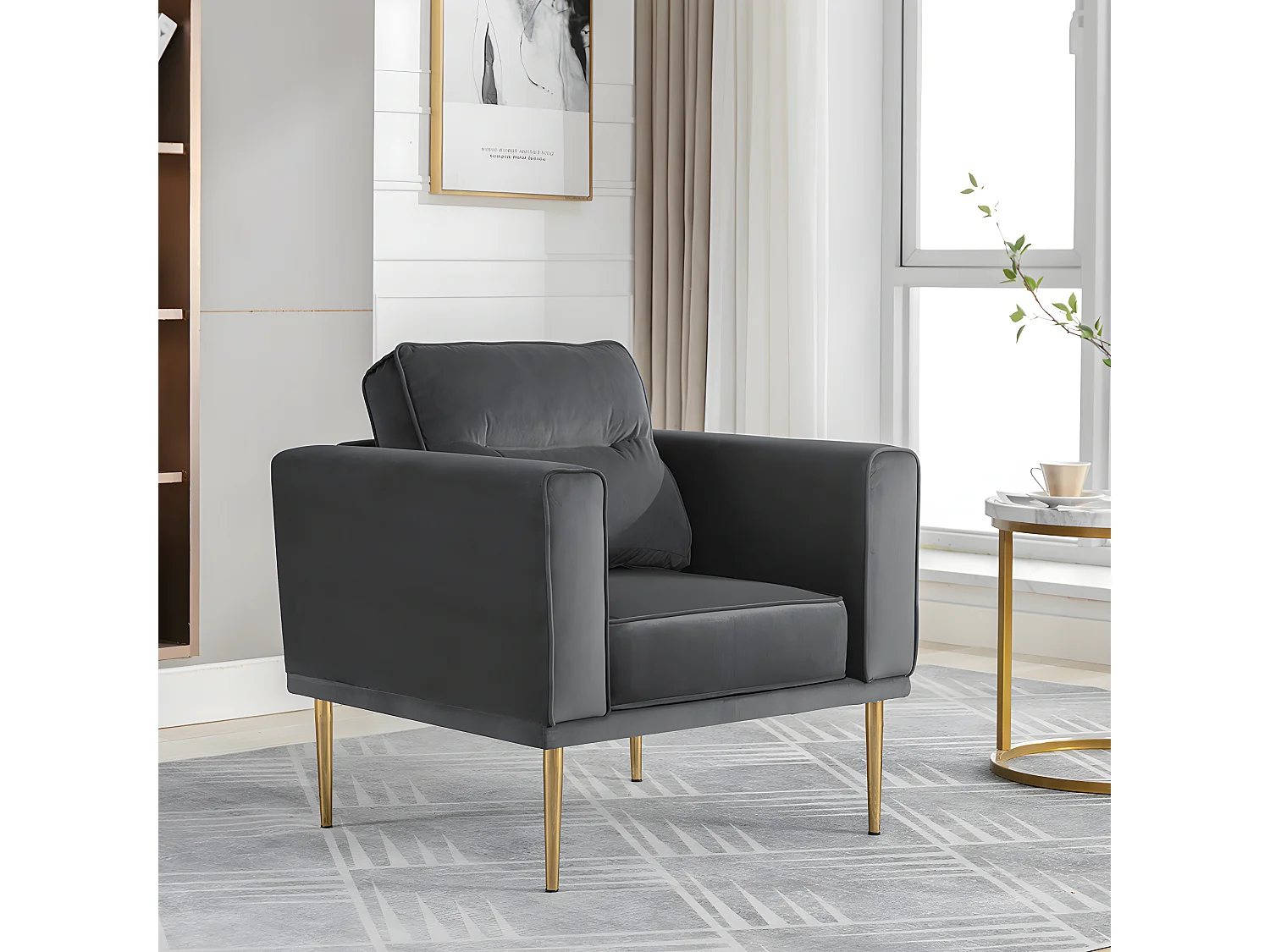 Fauteuil tissu en Velours - pieds dorés en métal - Gris - Sweiko