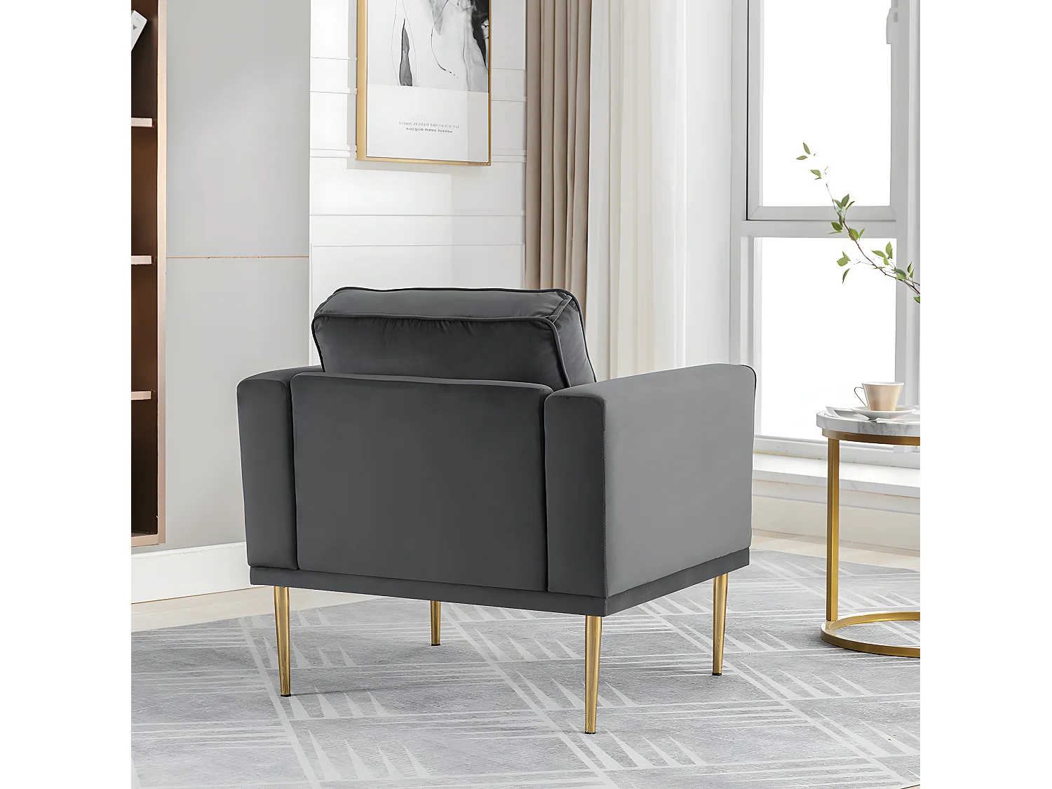 Fauteuil tissu en Velours - pieds dorés en métal - Gris - Sweiko