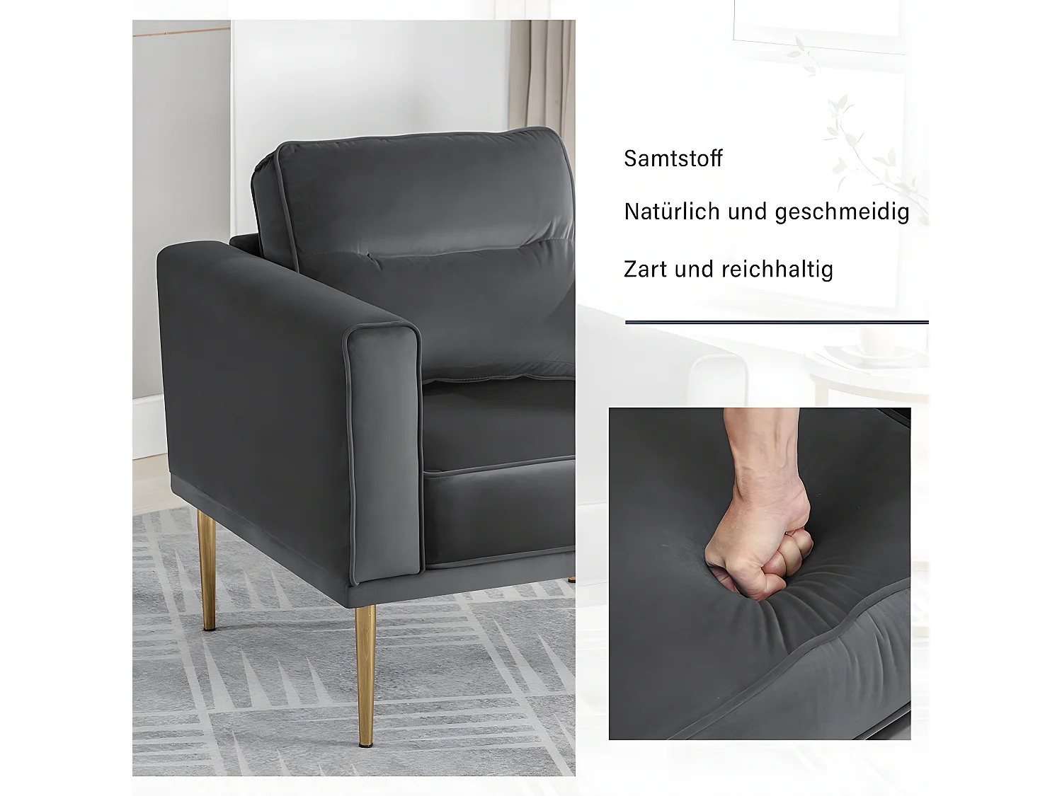 Fauteuil tissu en Velours - pieds dorés en métal - Gris - Sweiko