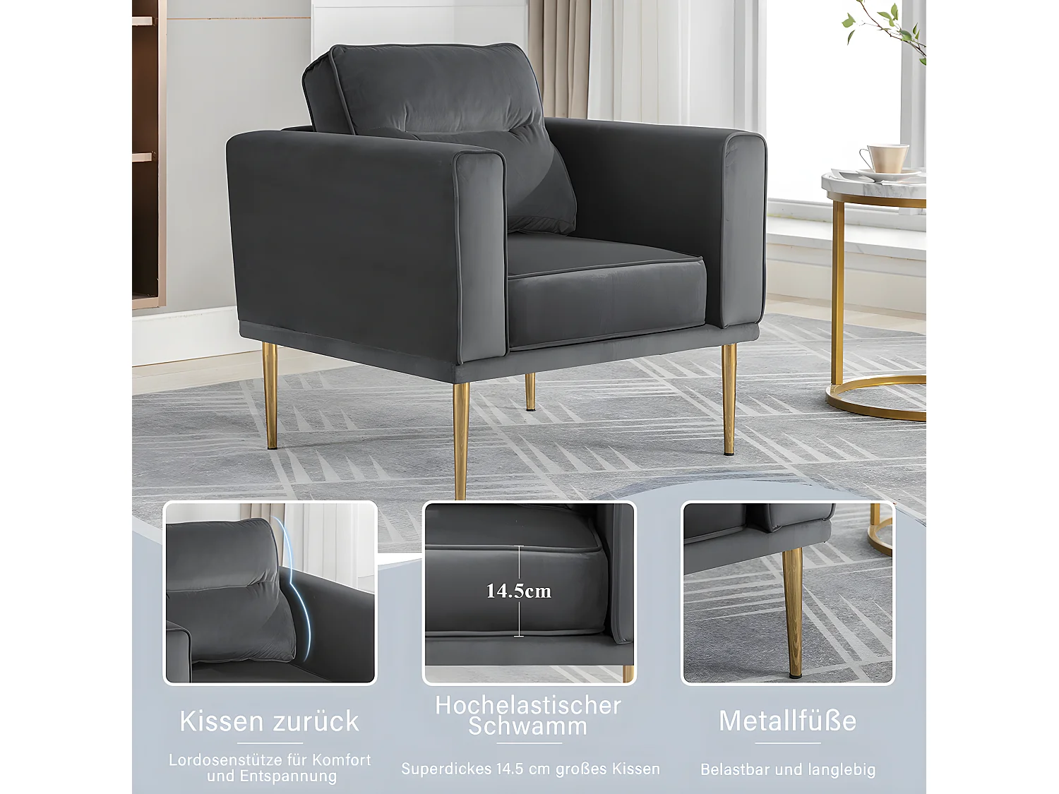 Fauteuil tissu en Velours - pieds dorés en métal - Gris - Sweiko