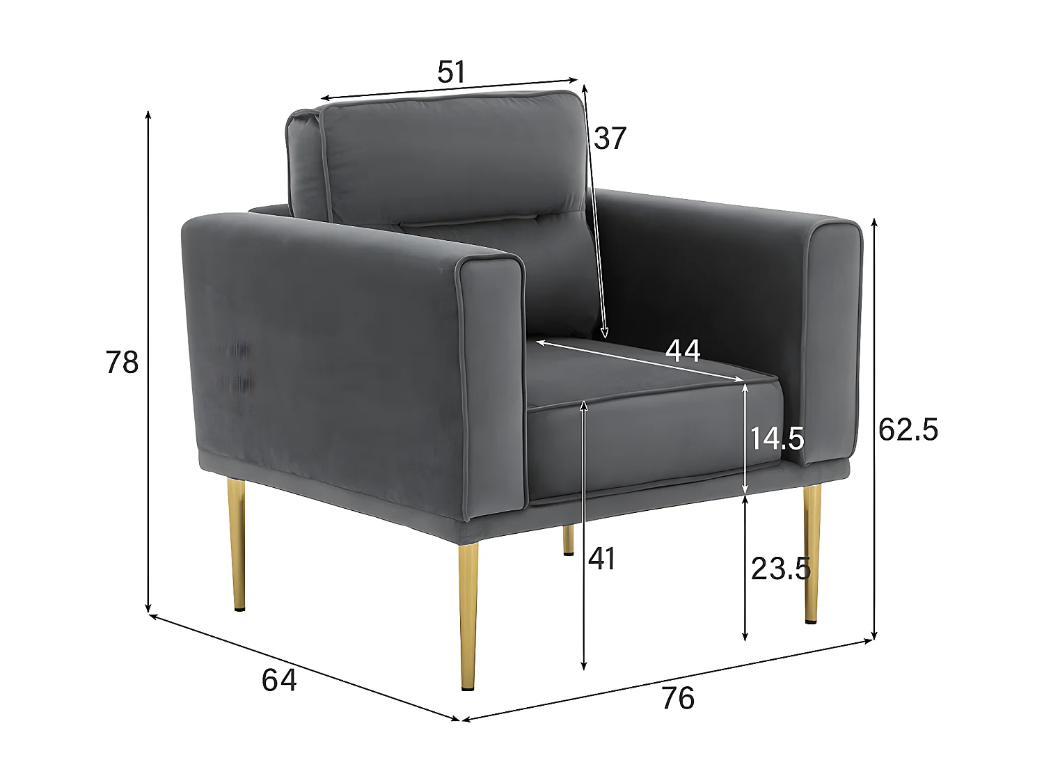 Fauteuil tissu en Velours - pieds dorés en métal - Gris - Sweiko