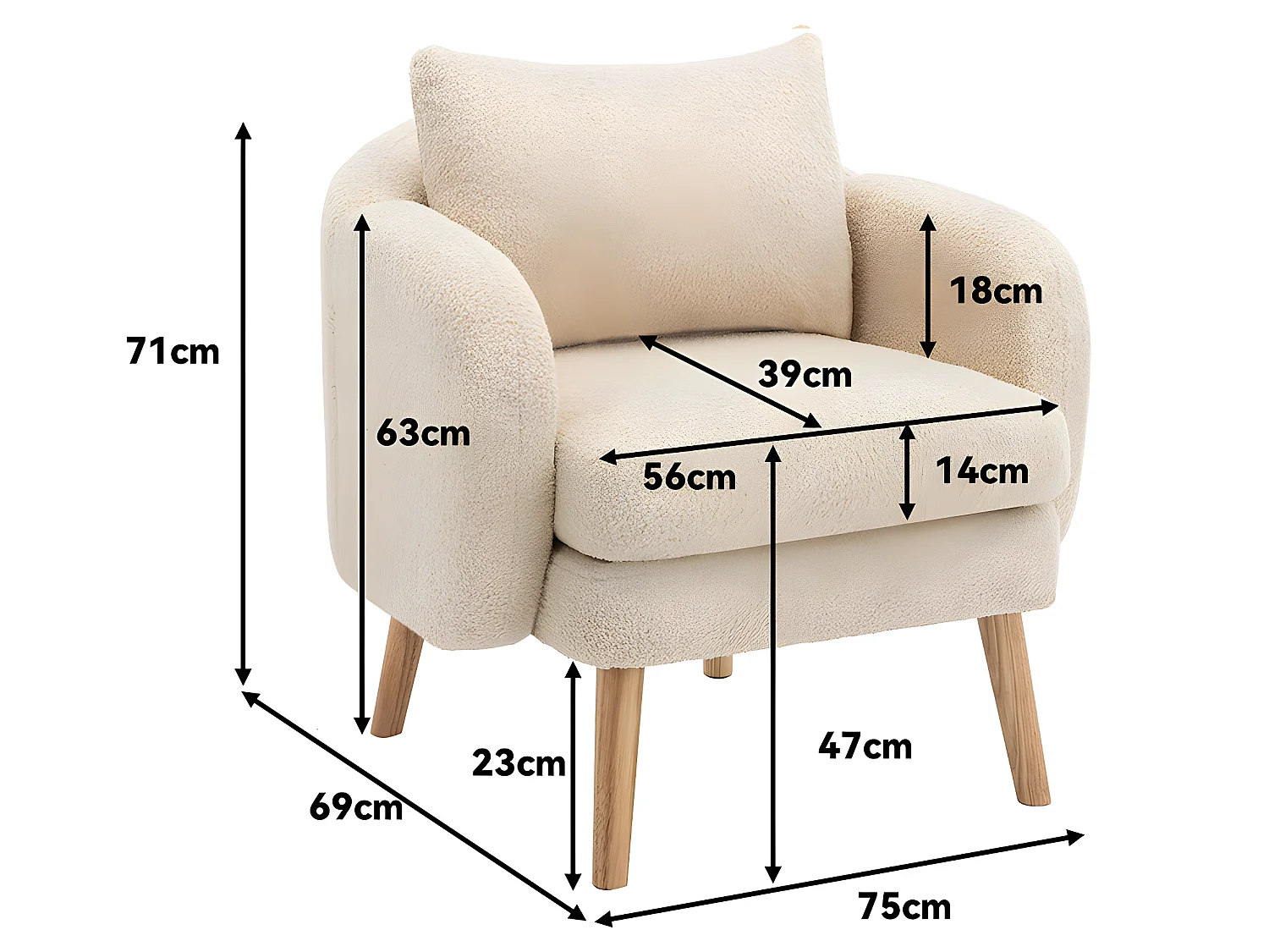 Fauteuil tissu en Teddy - pieds dorés en métal - Beige - Sweiko