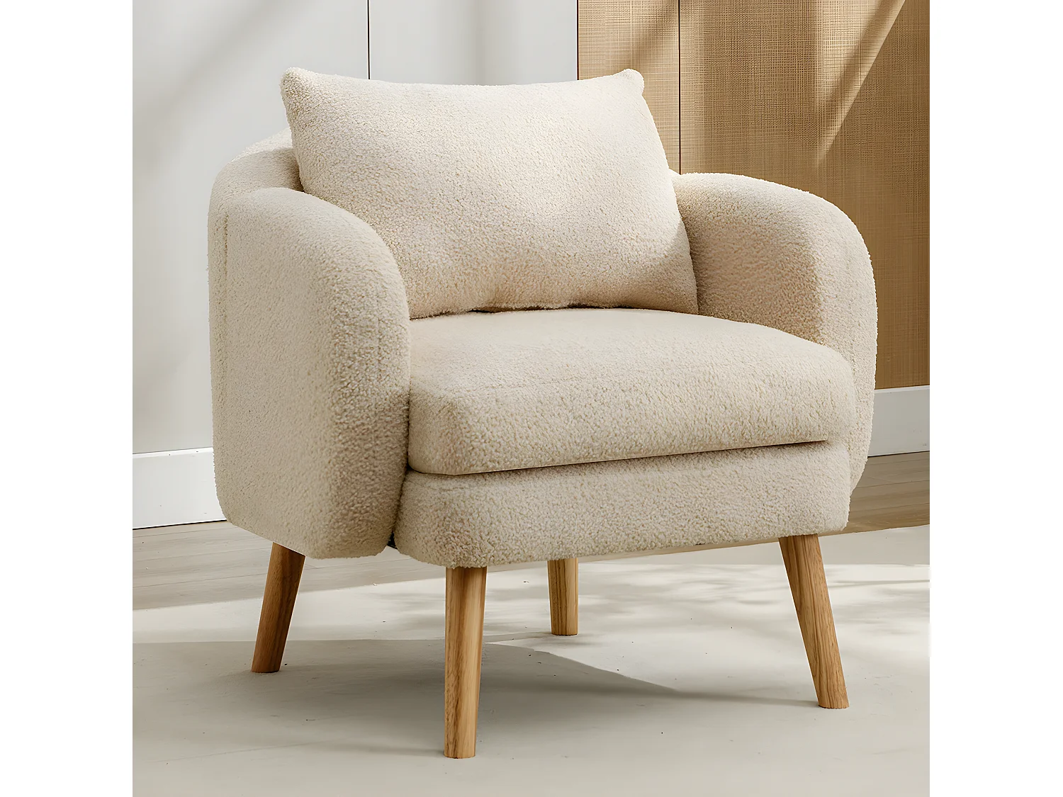 Fauteuil tissu en Teddy - pieds dorés en métal - Beige - Sweiko