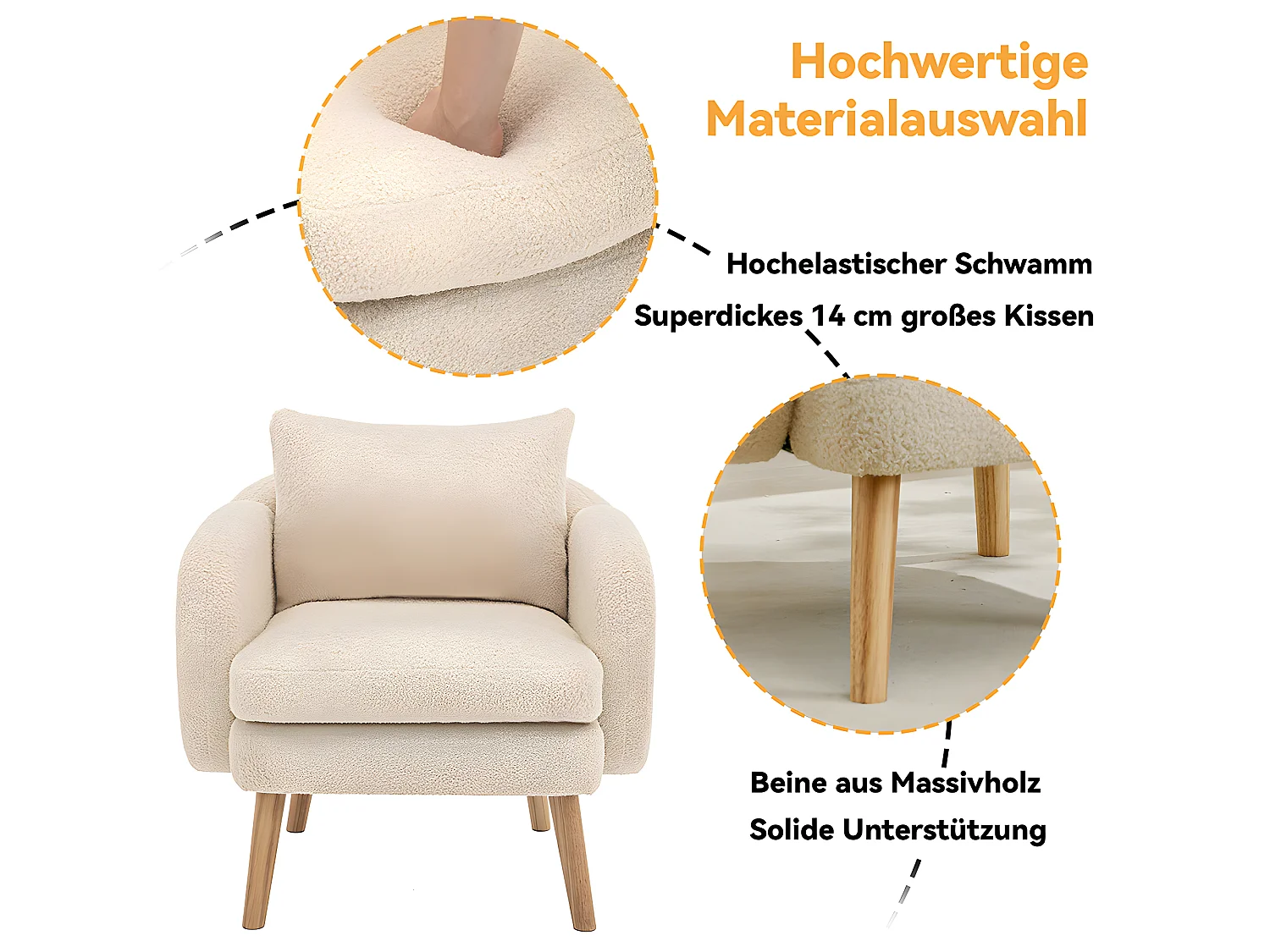 Fauteuil tissu en Teddy - pieds dorés en métal - Beige - Sweiko