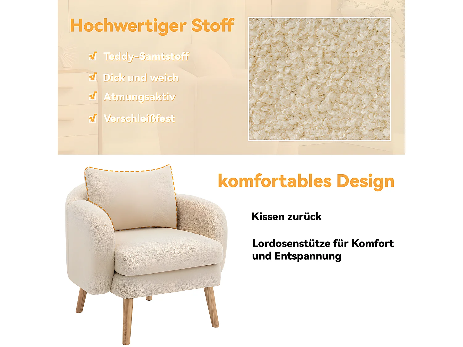 Fauteuil tissu en Teddy - pieds dorés en métal - Beige - Sweiko