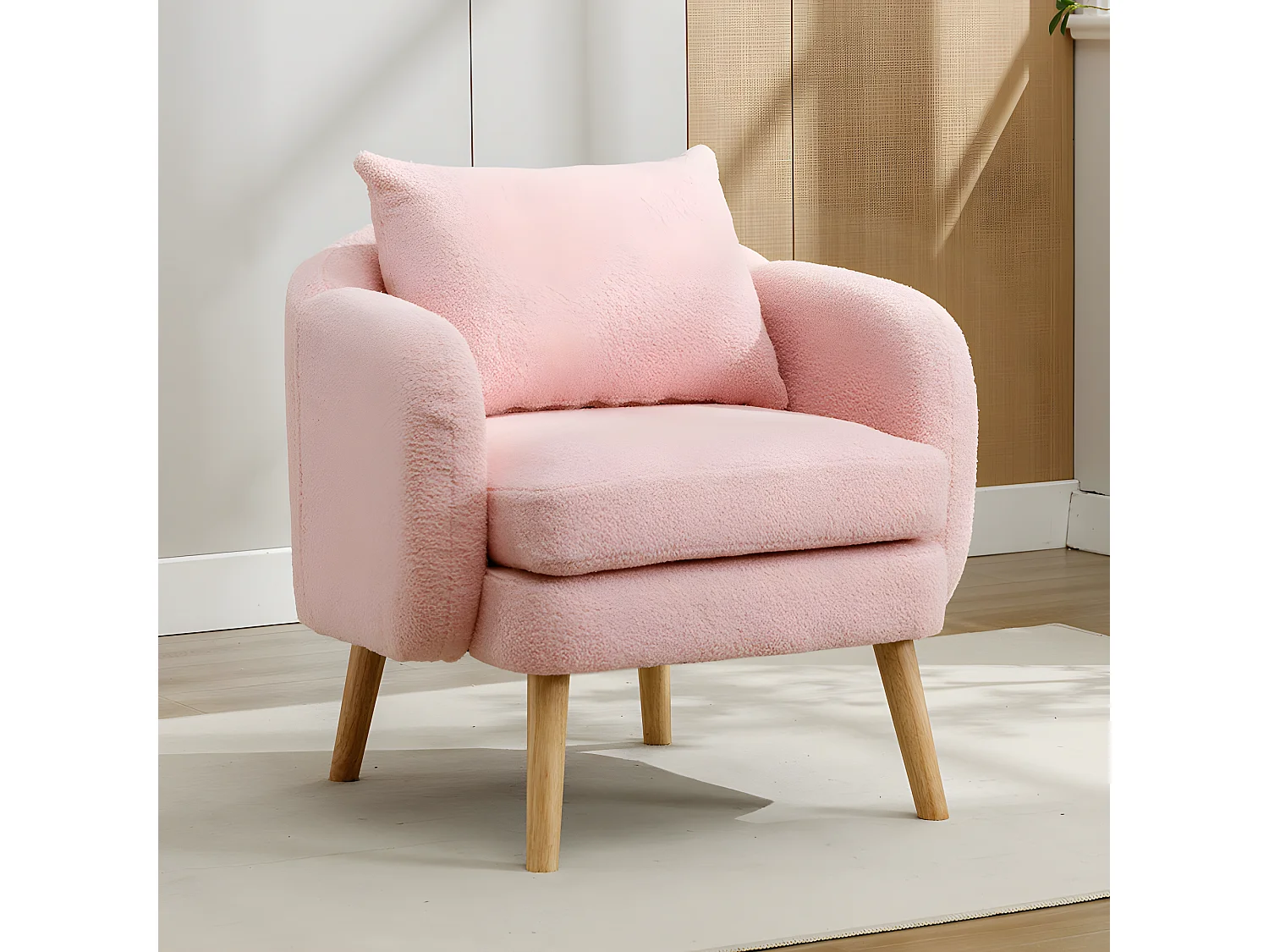 Fauteuil tissu en Teddy - pieds dorés en métal - Rose - Sweiko