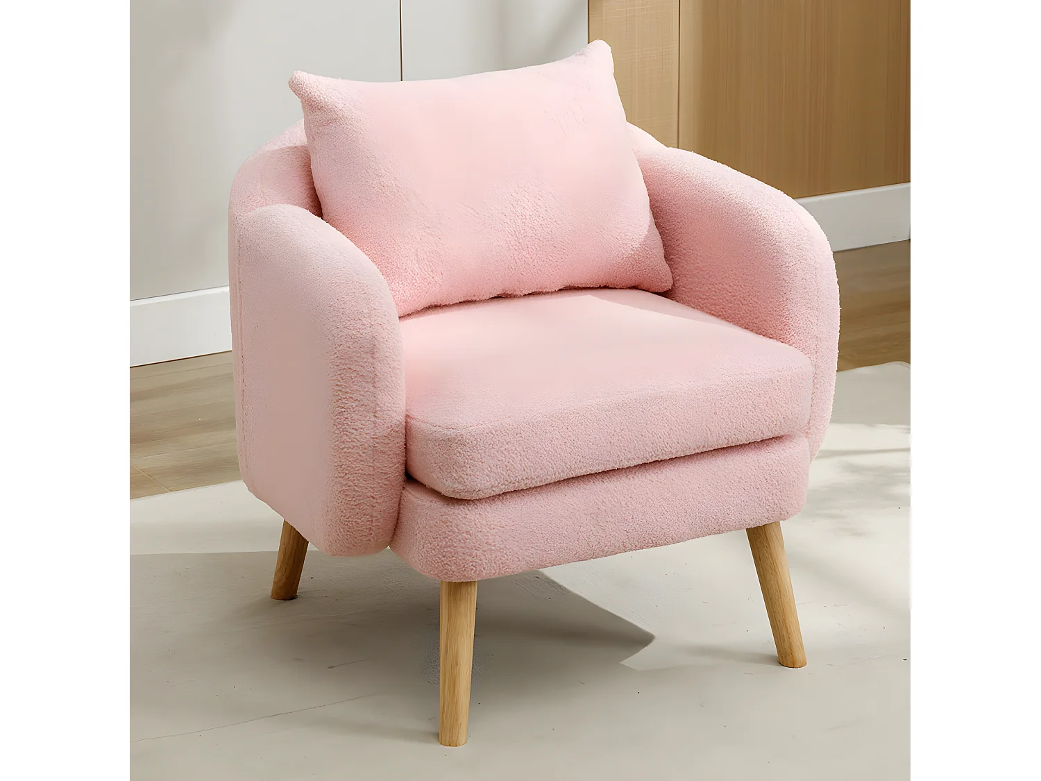 Fauteuil tissu en Teddy - pieds dorés en métal - Rose - Sweiko