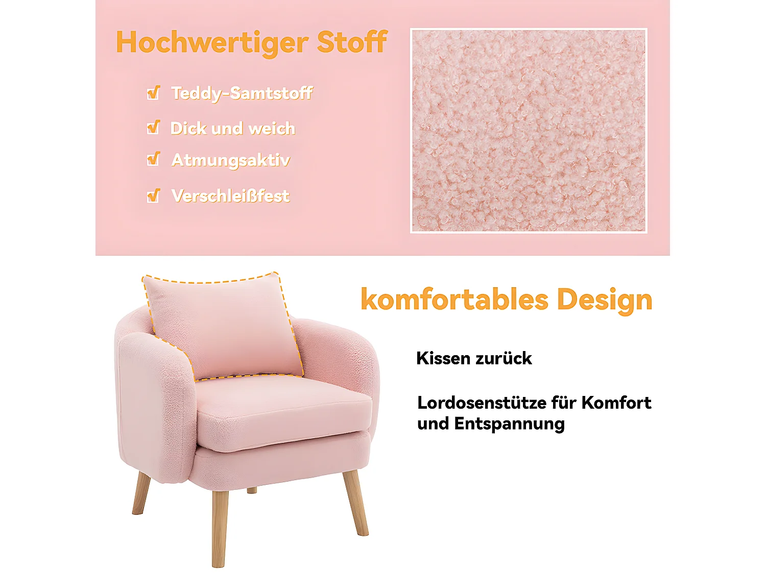 Fauteuil tissu en Teddy - pieds dorés en métal - Rose - Sweiko