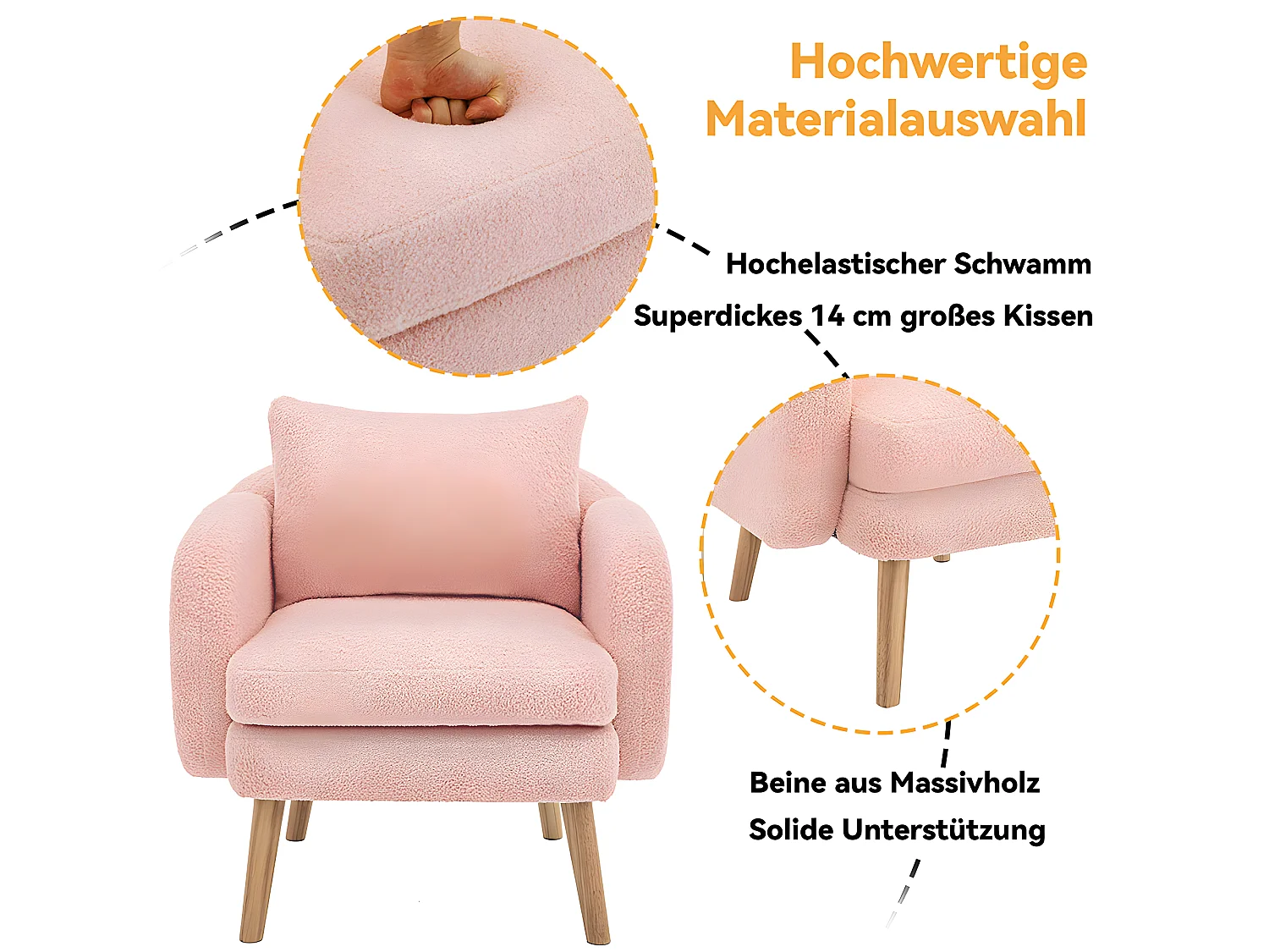 Fauteuil tissu en Teddy - pieds dorés en métal - Rose - Sweiko