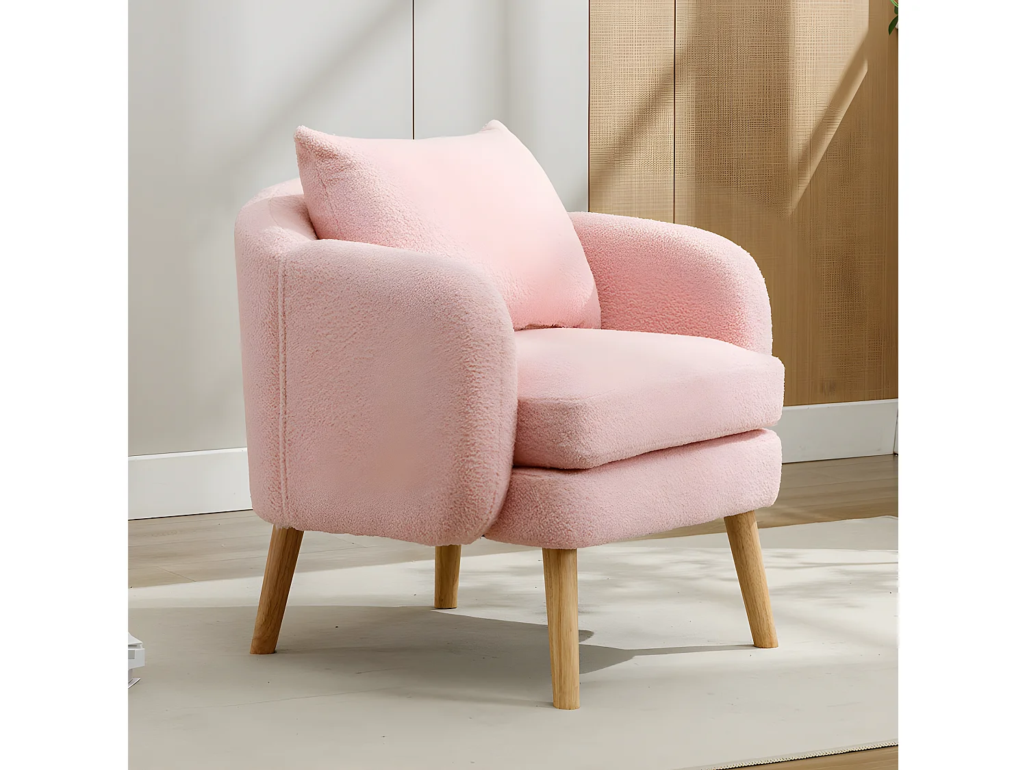Fauteuil tissu en Teddy - pieds dorés en métal - Rose - Sweiko
