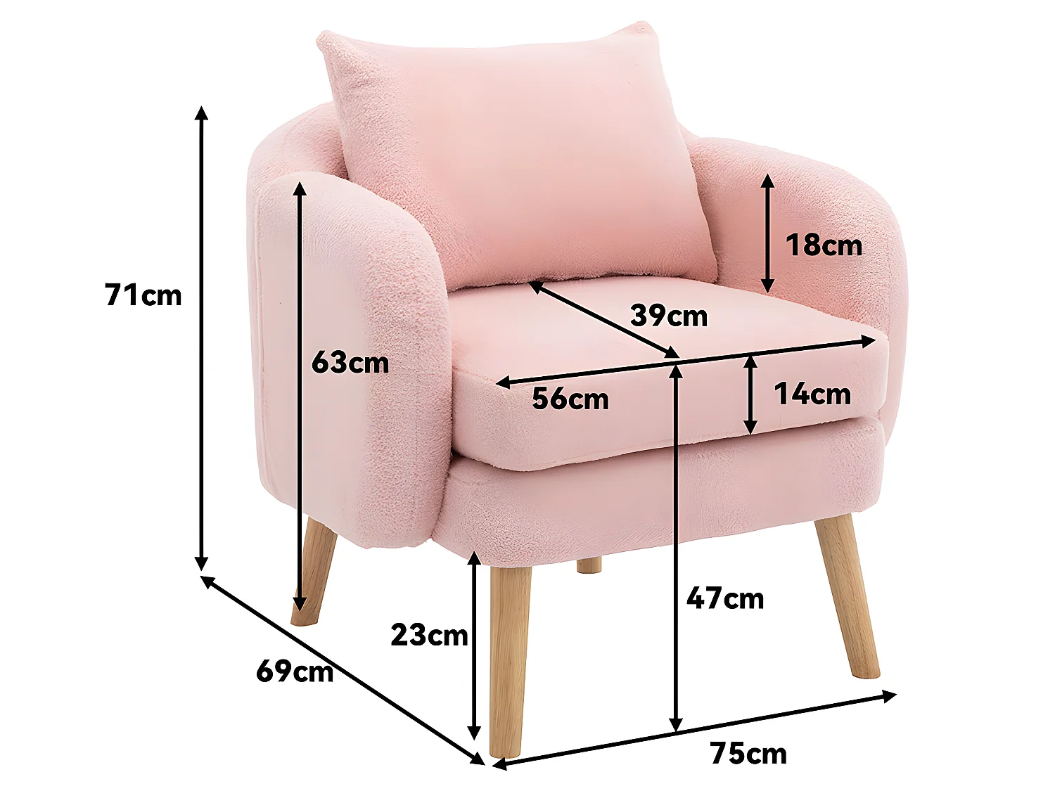 Fauteuil tissu en Teddy - pieds dorés en métal - Rose - Sweiko