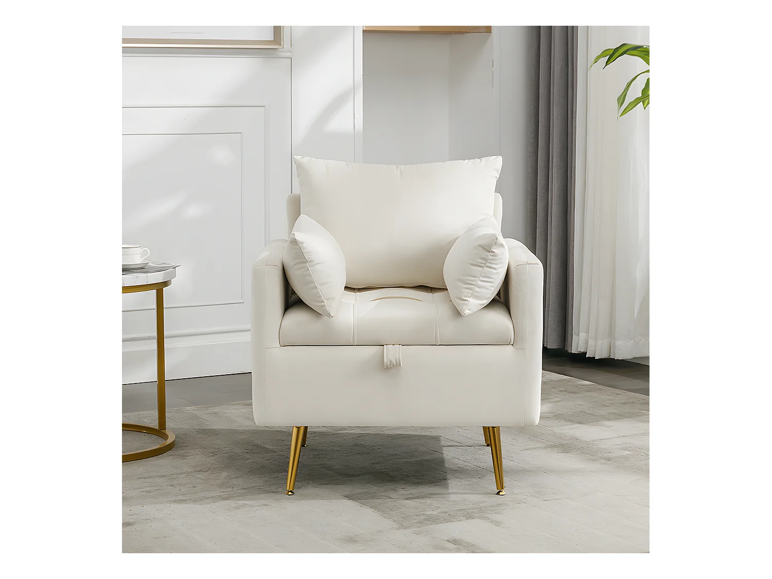 Fauteuil tissu en velours - pieds dorés en métal - avec rangement - Beige - Sweiko