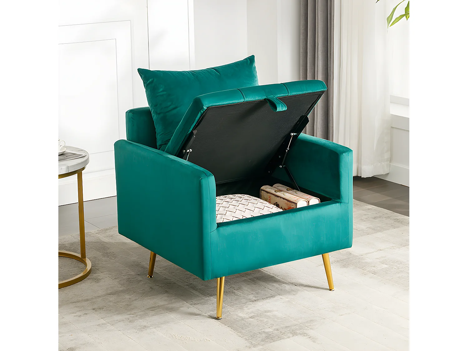 Fauteuil tissu en velours - pieds dorés en métal - avec rangement - Vert - Sweiko