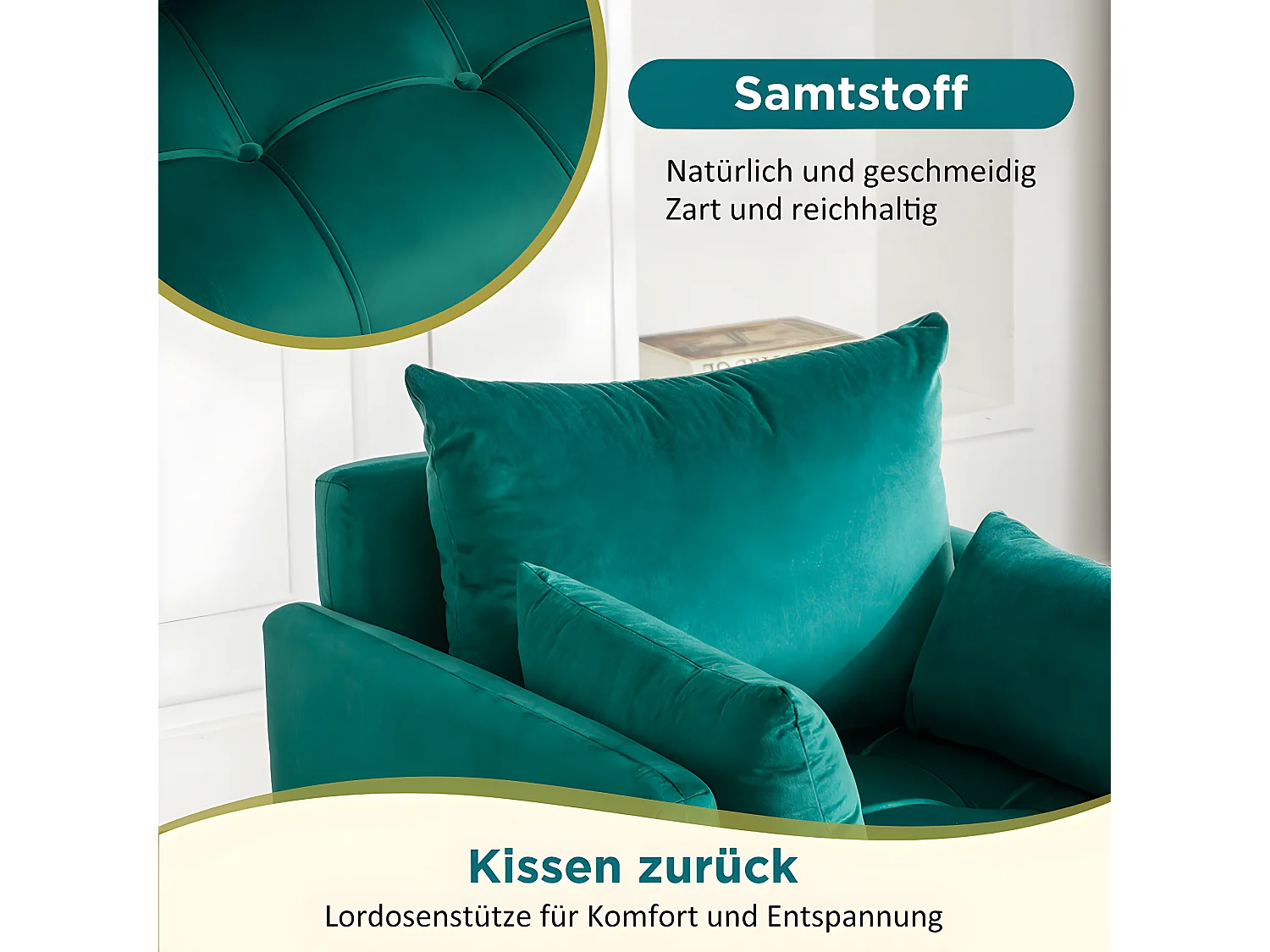 Fauteuil tissu en velours - pieds dorés en métal - avec rangement - Vert - Sweiko