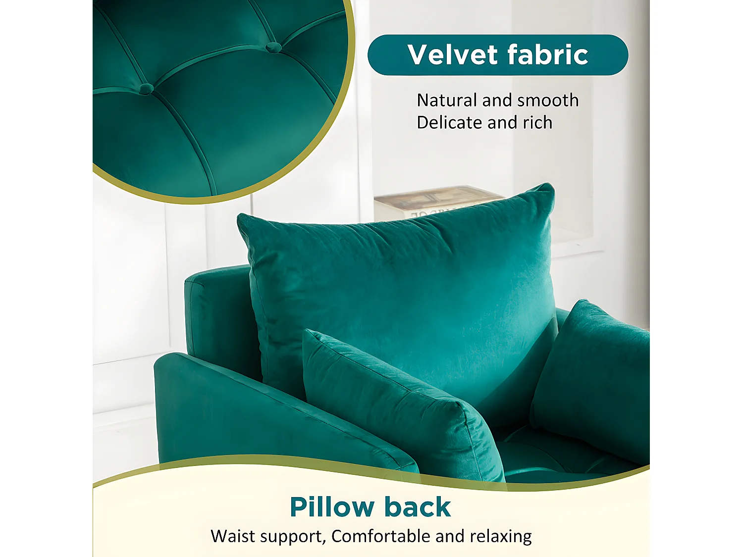 Fauteuil tissu en velours - pieds dorés en métal - avec rangement - Vert - Sweiko