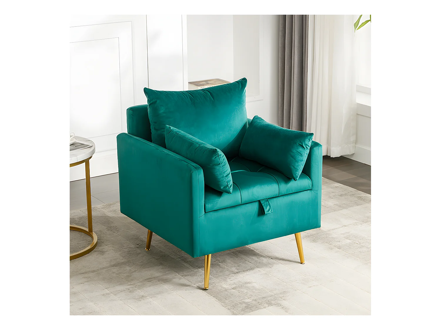 Fauteuil tissu en velours - pieds dorés en métal - avec rangement - Vert - Sweiko