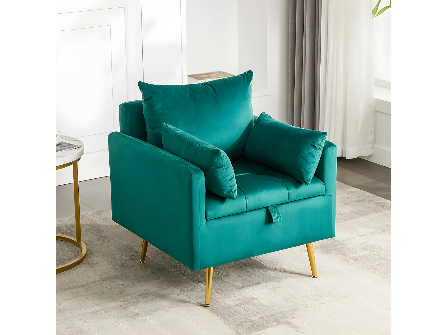 Fauteuil tissu en velours - pieds dorés en métal - avec rangement - Vert - Sweiko