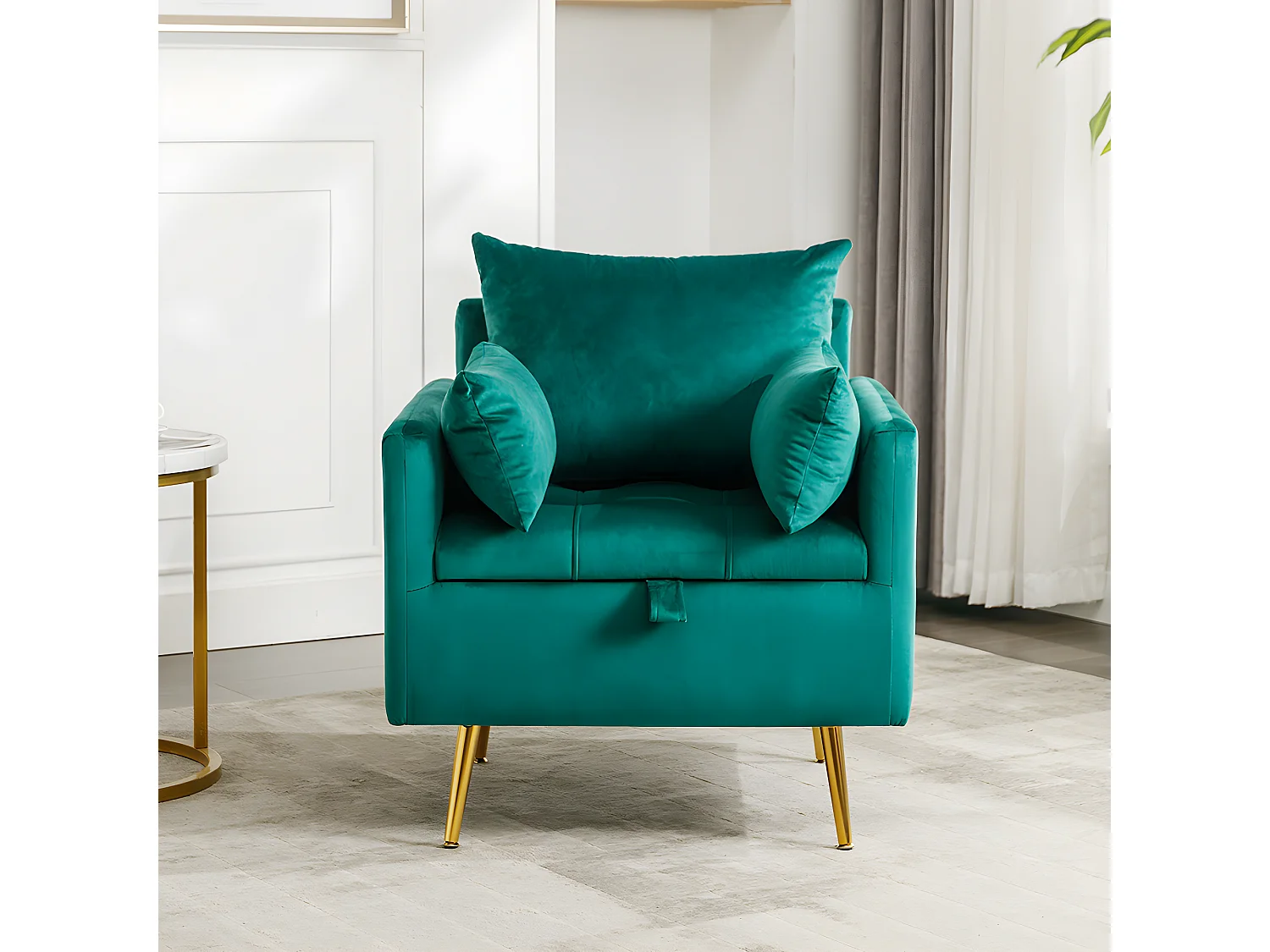 Fauteuil tissu en velours - pieds dorés en métal - avec rangement - Vert - Sweiko