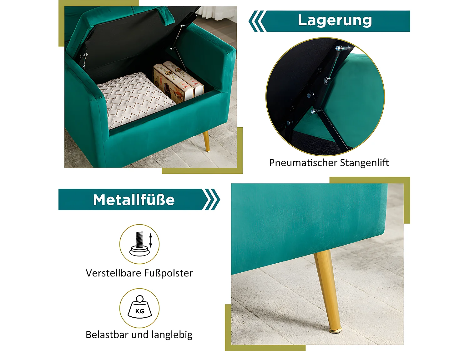 Fauteuil tissu en velours - pieds dorés en métal - avec rangement - Vert - Sweiko