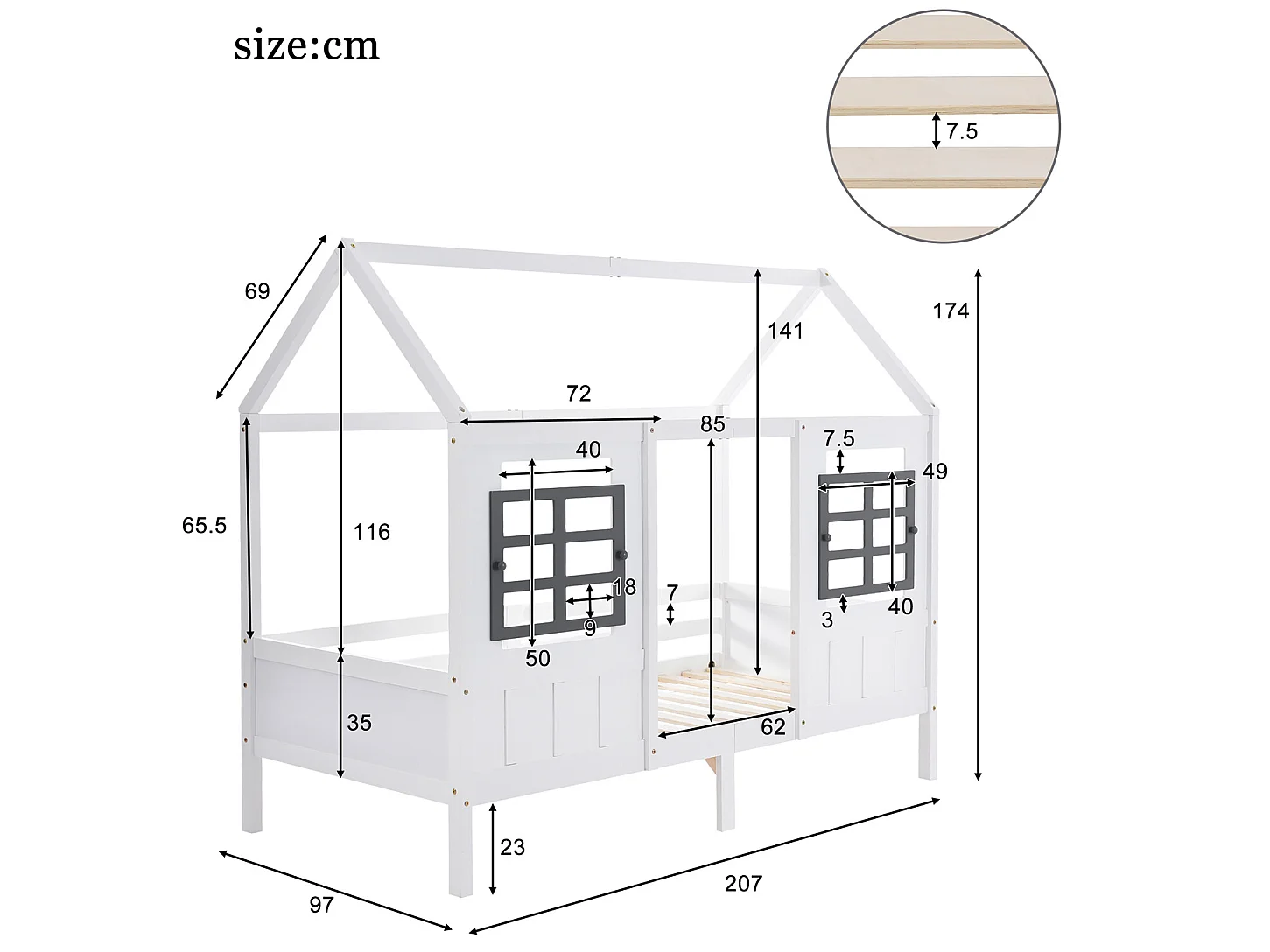 Lit cabane avec tiroir - 90 x 200 cm - Pin - Blanc - Sweiko