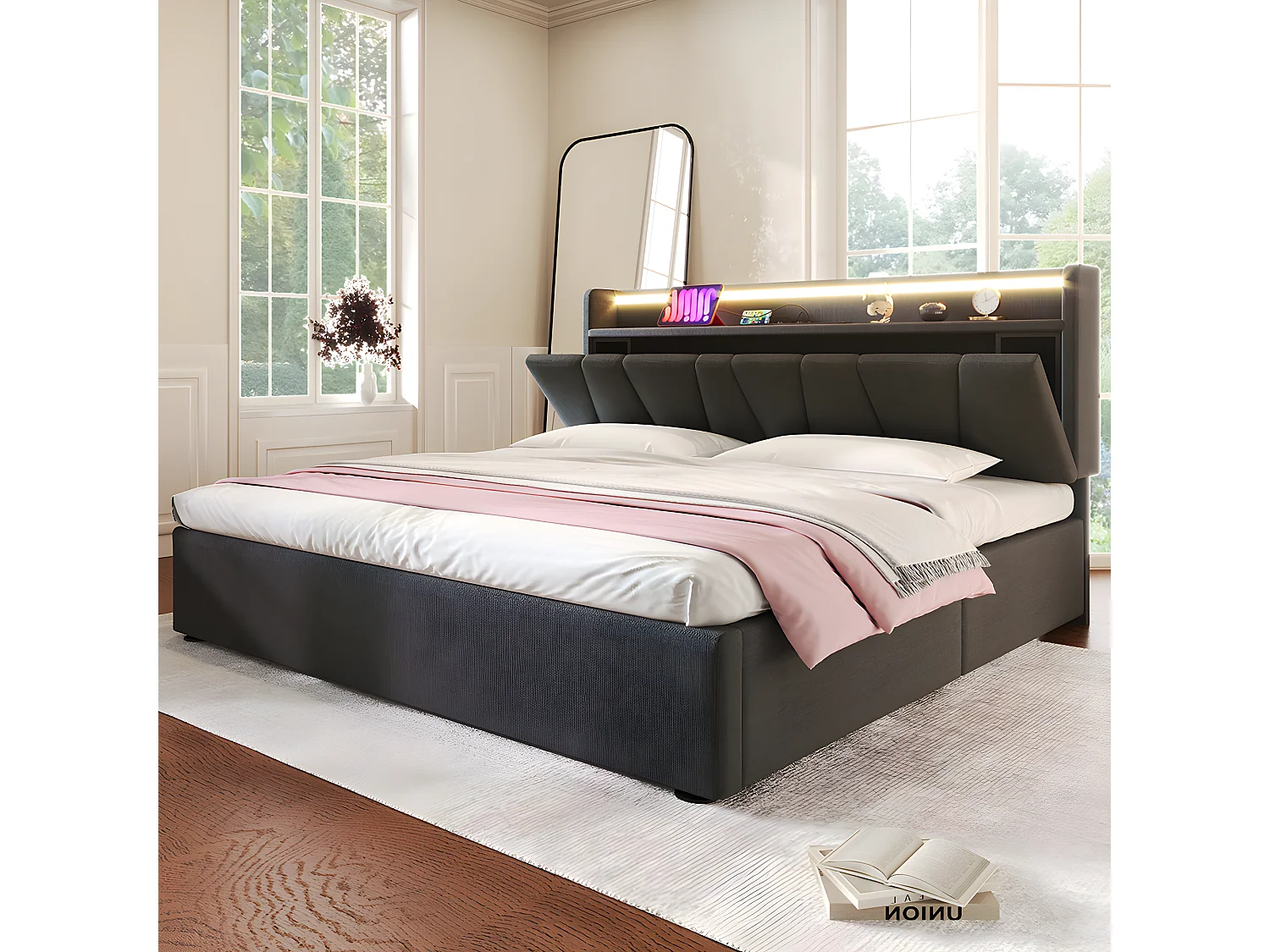 Lit coffre adulte capitonnée - 160 x 200 cm station de charge USB - chevets intégrés avec LED - Gris - Sweiko