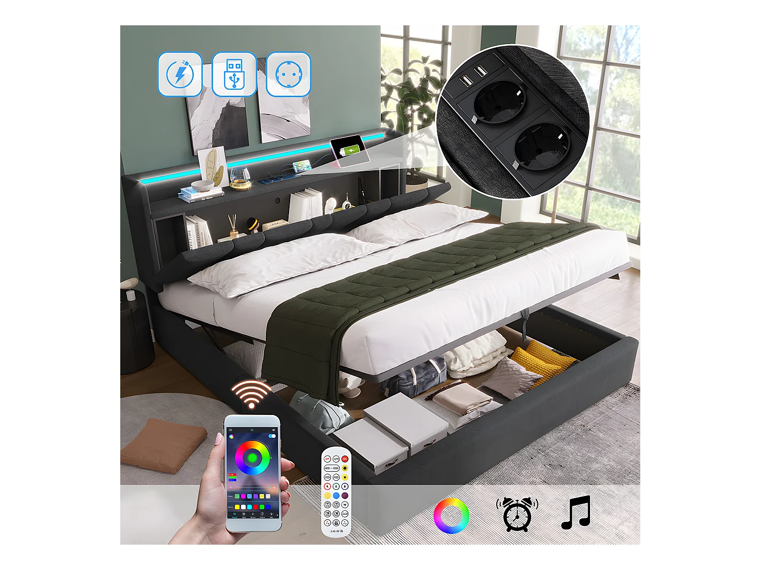 Lit coffre adulte capitonnée - 160 x 200 cm station de charge USB - chevets intégrés avec LED - Gris - Sweiko