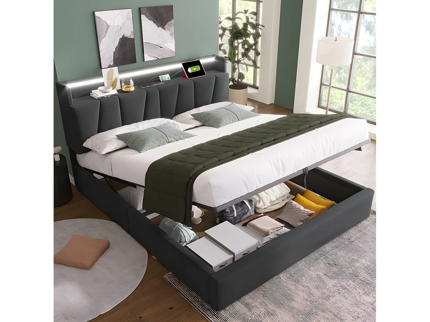 Lit coffre adulte capitonnée - 160 x 200 cm station de charge USB - chevets intégrés avec LED - Gris - Sweiko