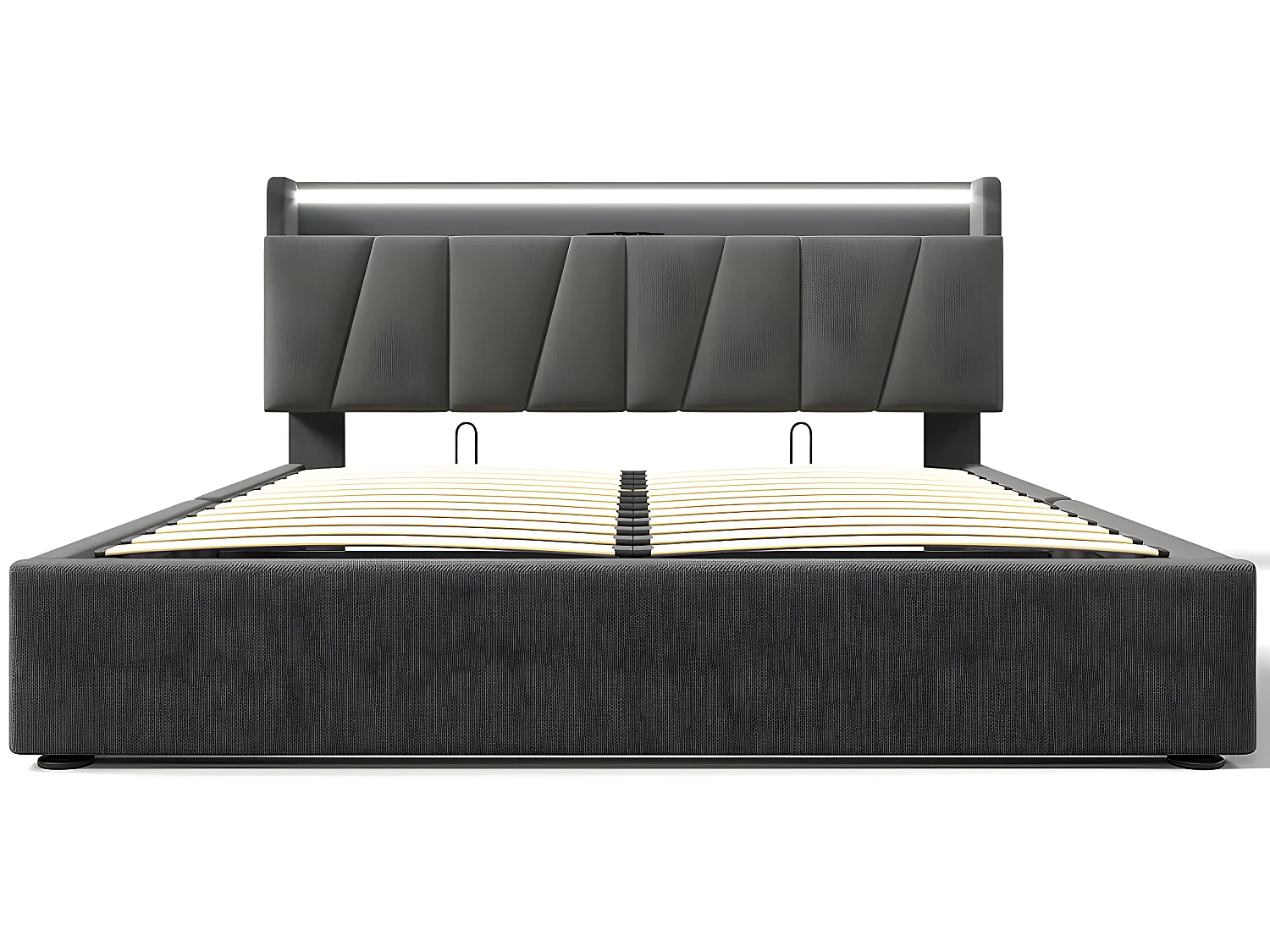 Lit coffre adulte capitonnée - 160 x 200 cm station de charge USB - chevets intégrés avec LED - Gris - Sweiko