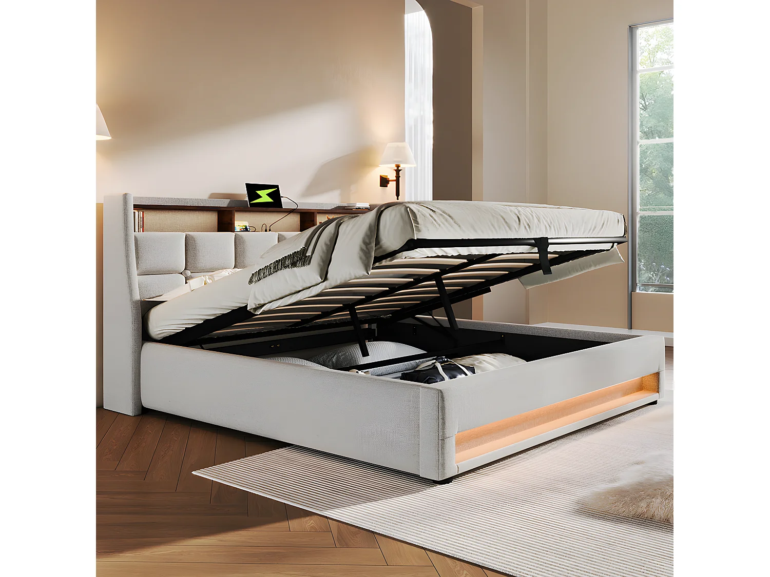 Lit coffre avec chargeur USB et LED - 180 x 200 cm - Beige - Sweiko