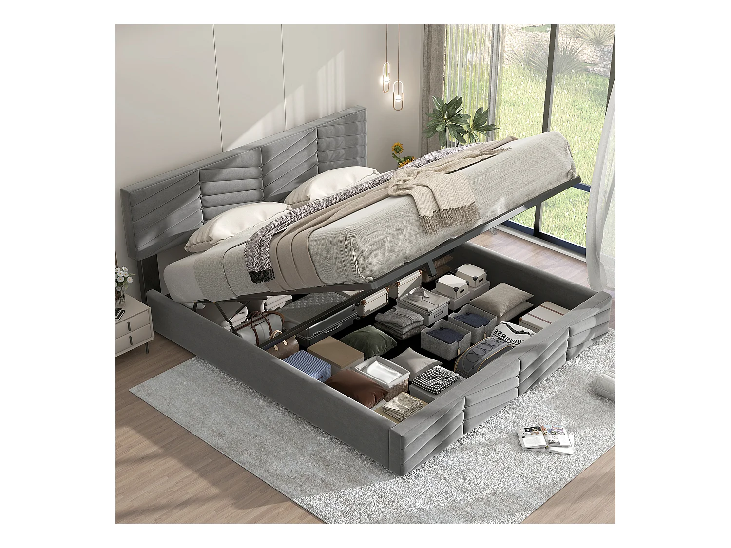 Lit adulte Lit coffre double 180 x 200 cm - Velours Gris cassé - Sweiko