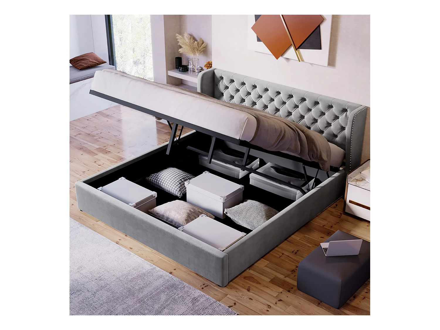Lit coffre 180x200 cm - espace de rangement - Gris - Sweiko