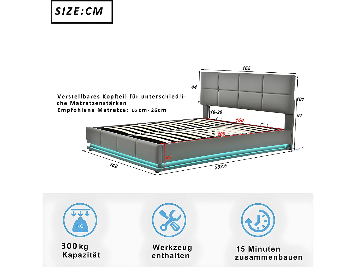 Lit coffre Lit capitonné Lit 160 x 200 cm avec LED coffre de lit lit double avec tête de lit capitonnée réglable en hauteur gris sans matelas