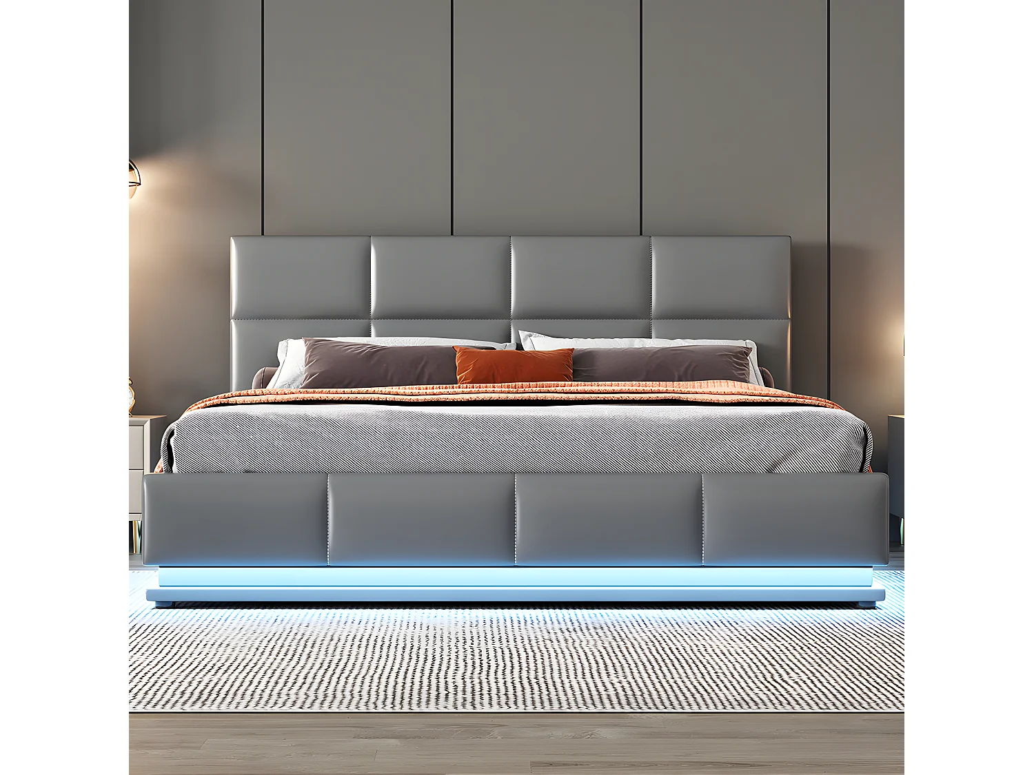 Lit coffre Lit capitonné Lit 160 x 200 cm avec LED coffre de lit lit double avec tête de lit capitonnée réglable en hauteur gris sans matelas