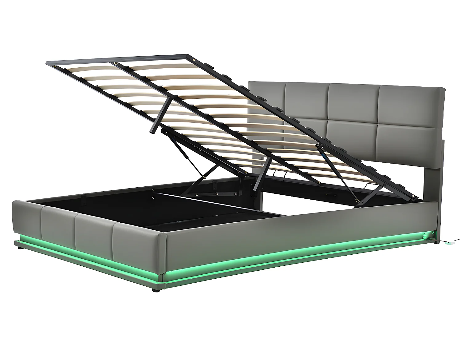 Lit coffre Lit capitonné Lit 160 x 200 cm avec LED coffre de lit lit double avec tête de lit capitonnée réglable en hauteur gris sans matelas